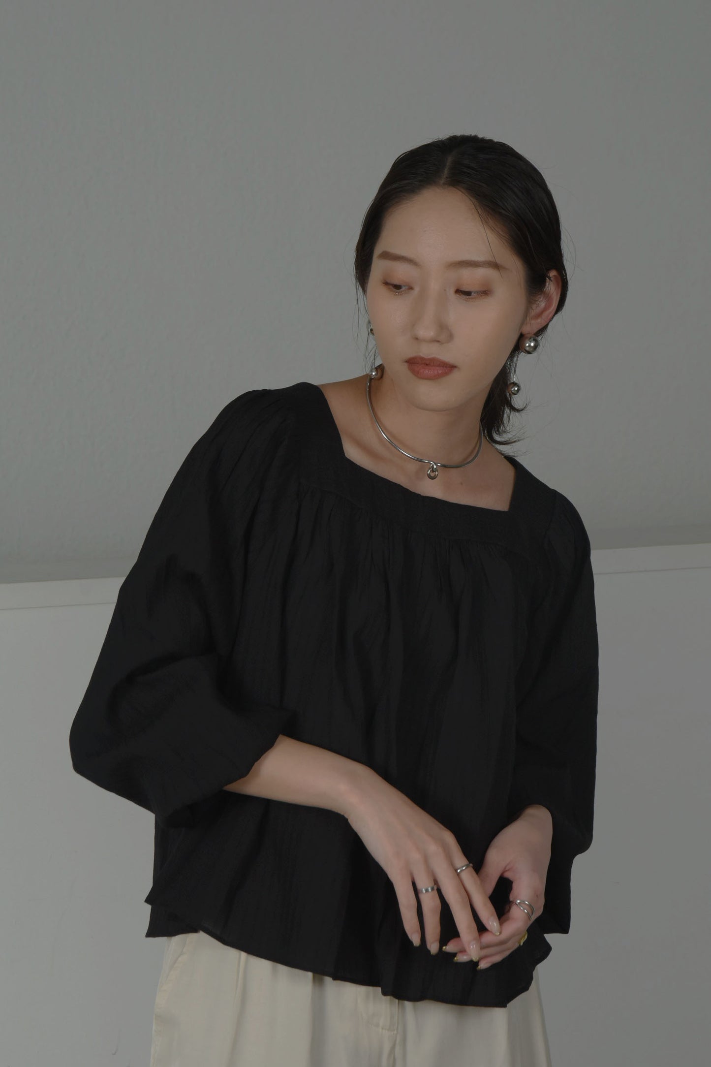 square neck stripe sheer blouse
