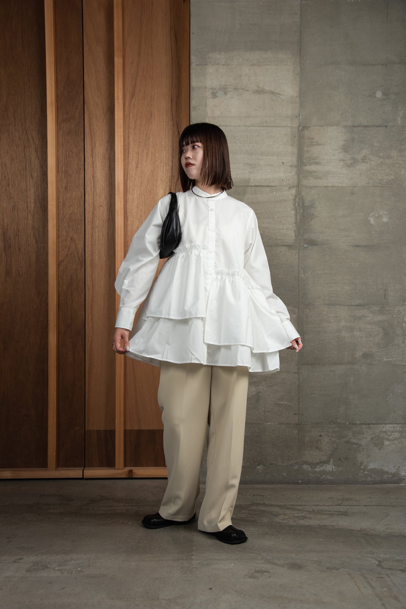 asymmetry gather flare blouse