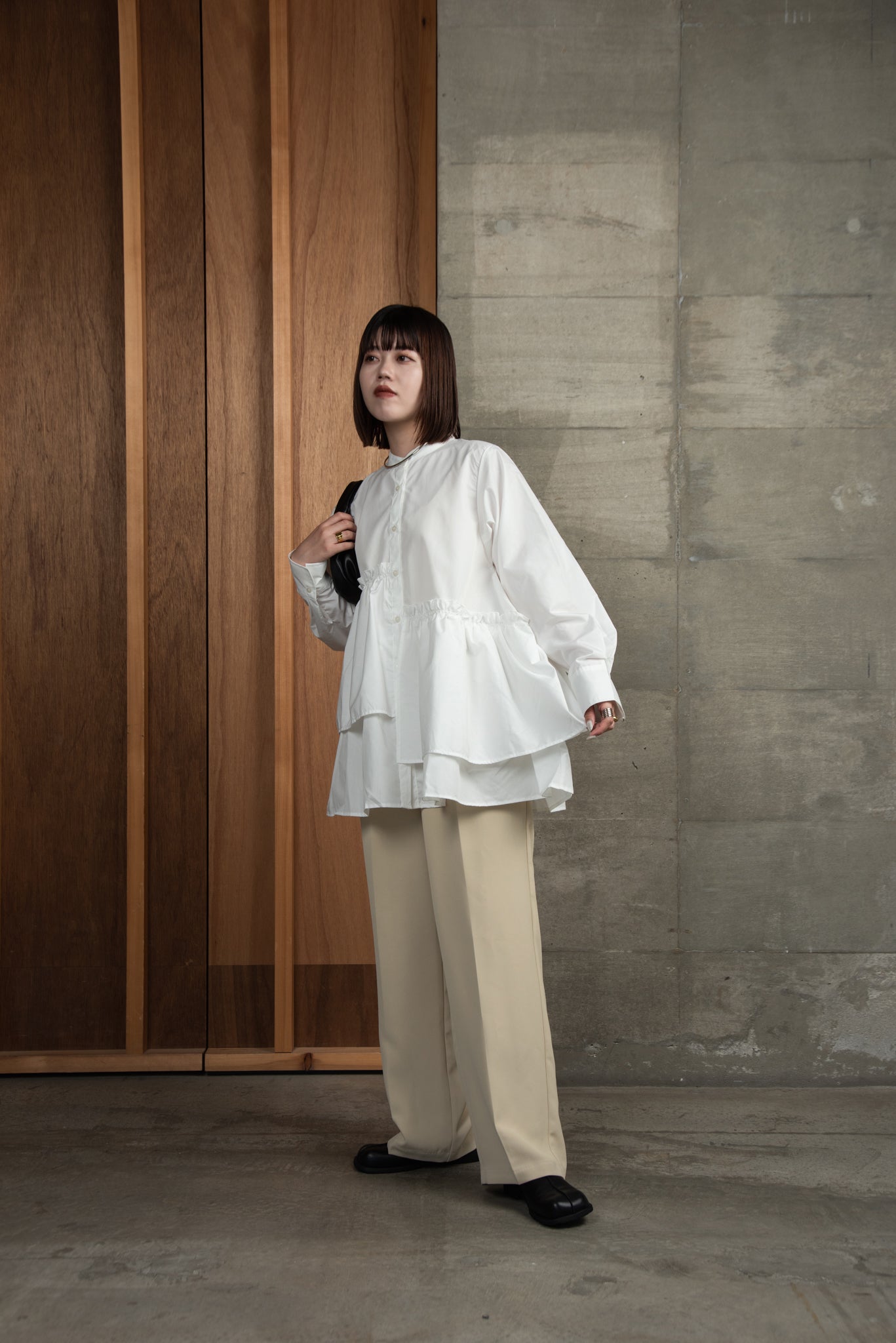 asymmetry gather flare blouse
