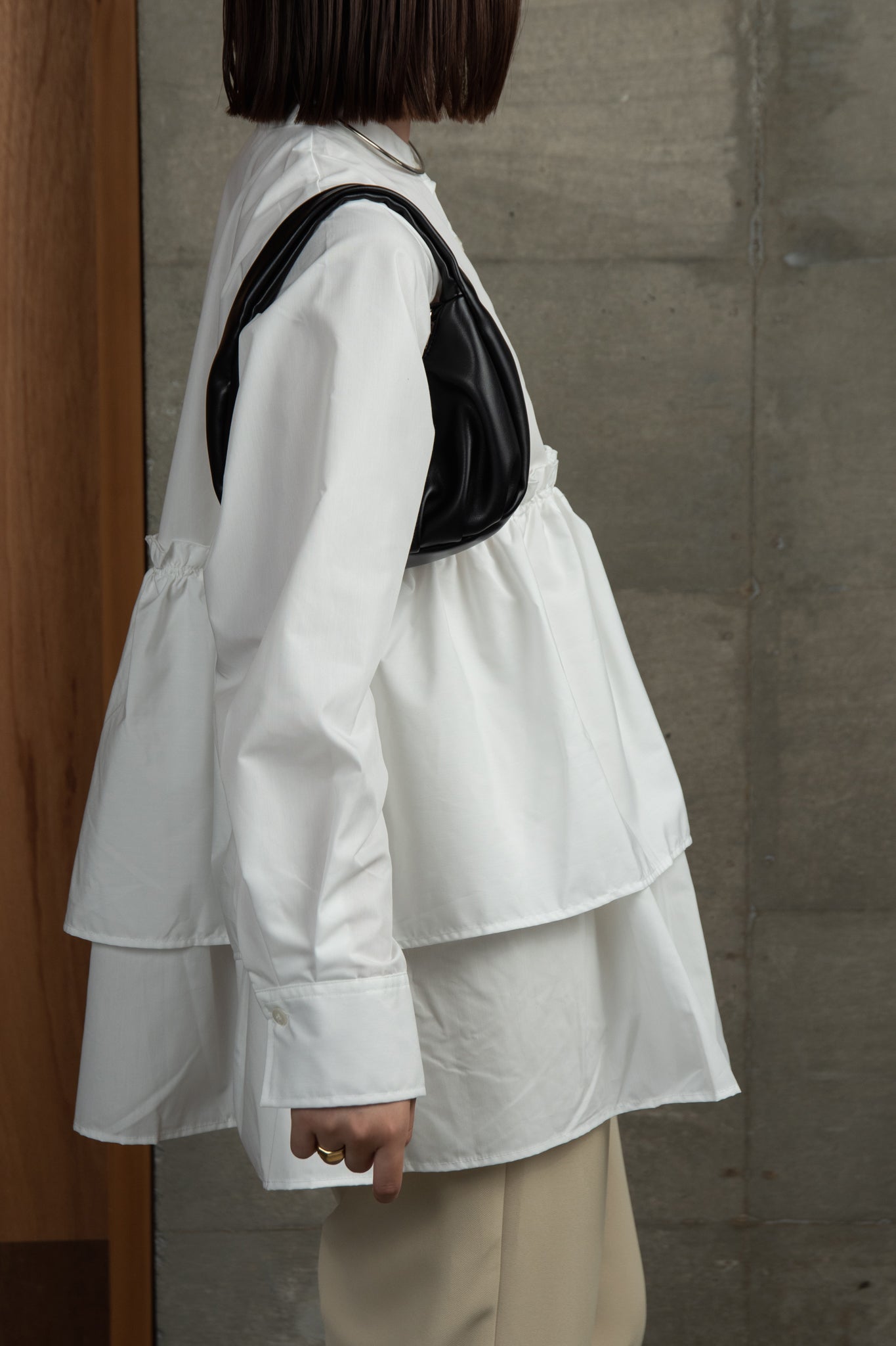 asymmetry gather flare blouse