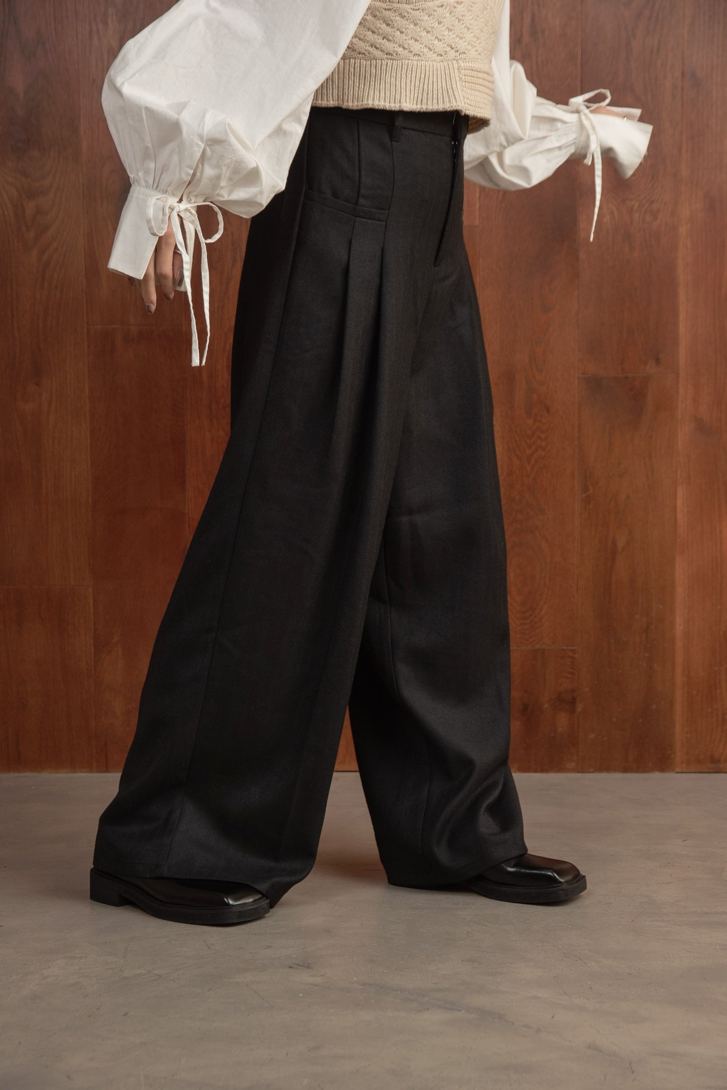 tweed tuck wide pants