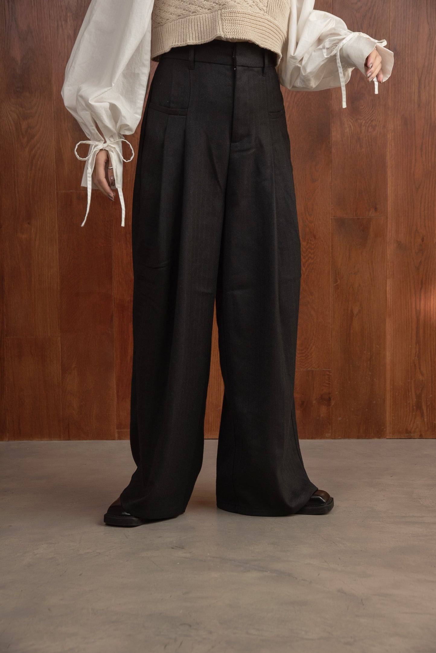 tweed tuck wide pants