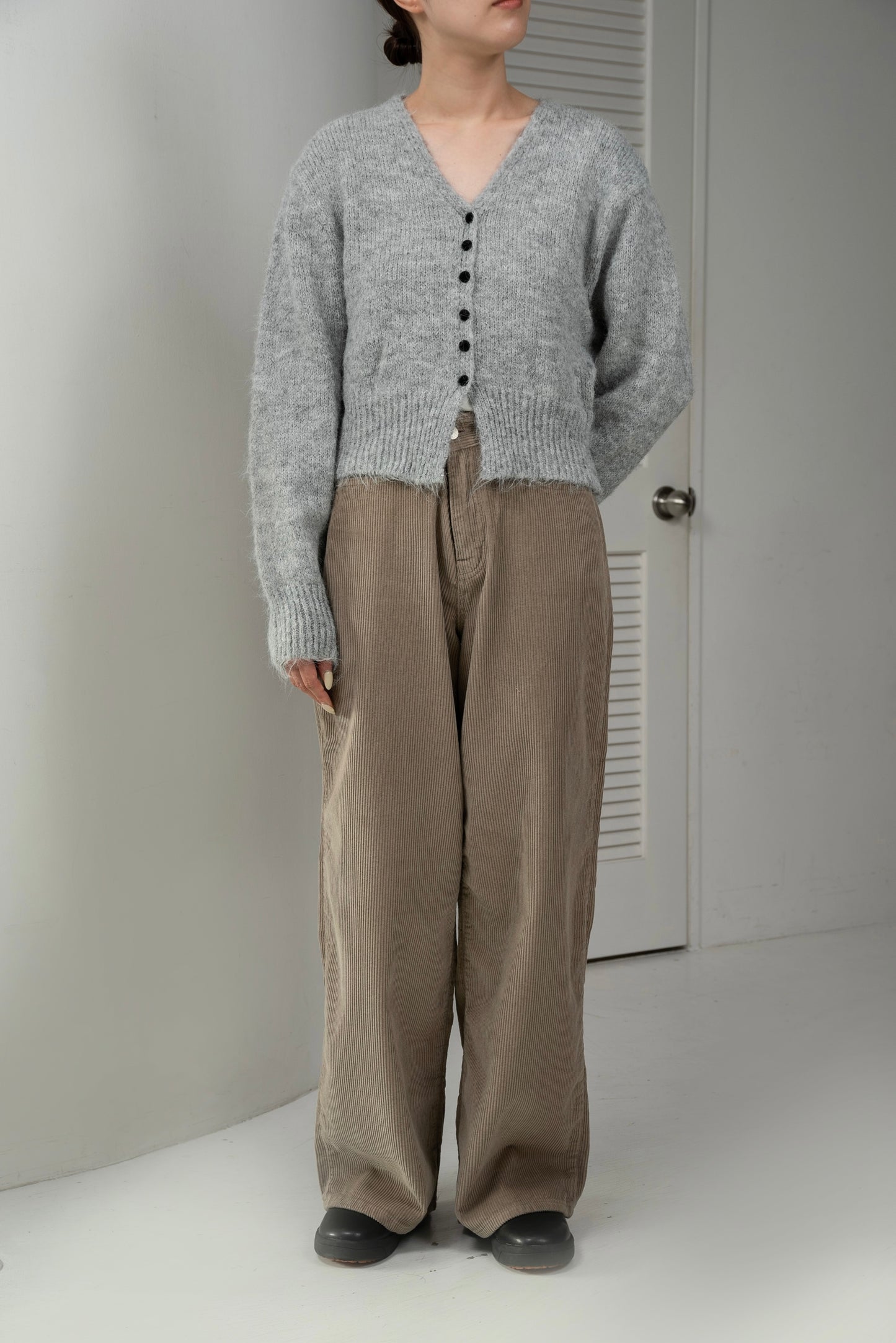 fluffy accent button v neck cardigan