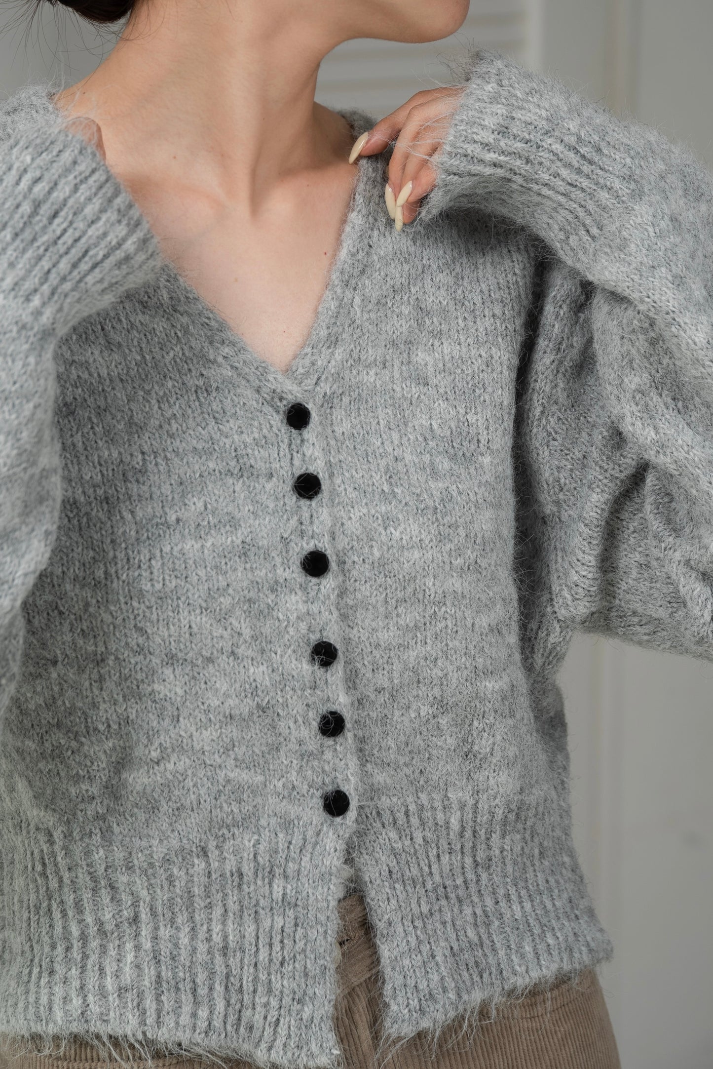 fluffy accent button v neck cardigan