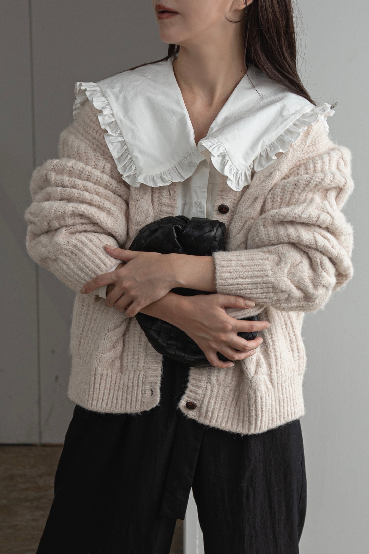 crew neck cable knit cardigan