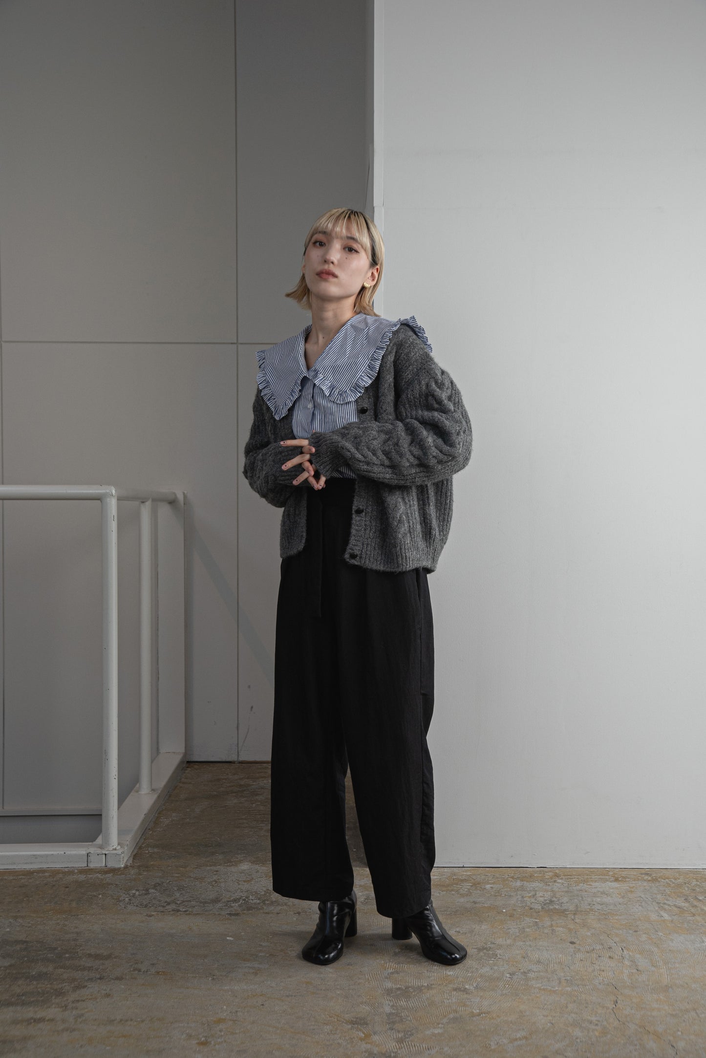 crew neck cable knit cardigan
