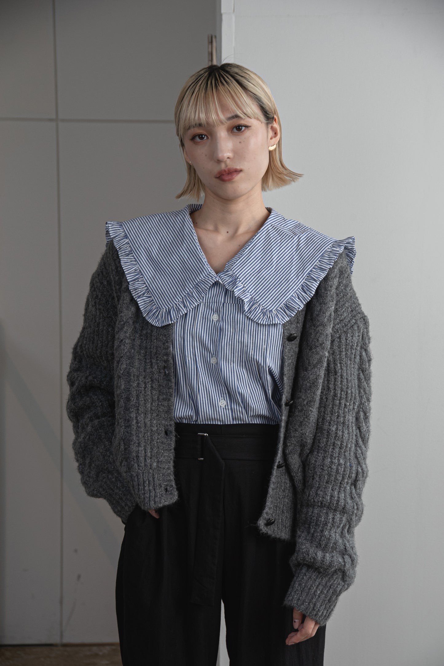 crew neck cable knit cardigan