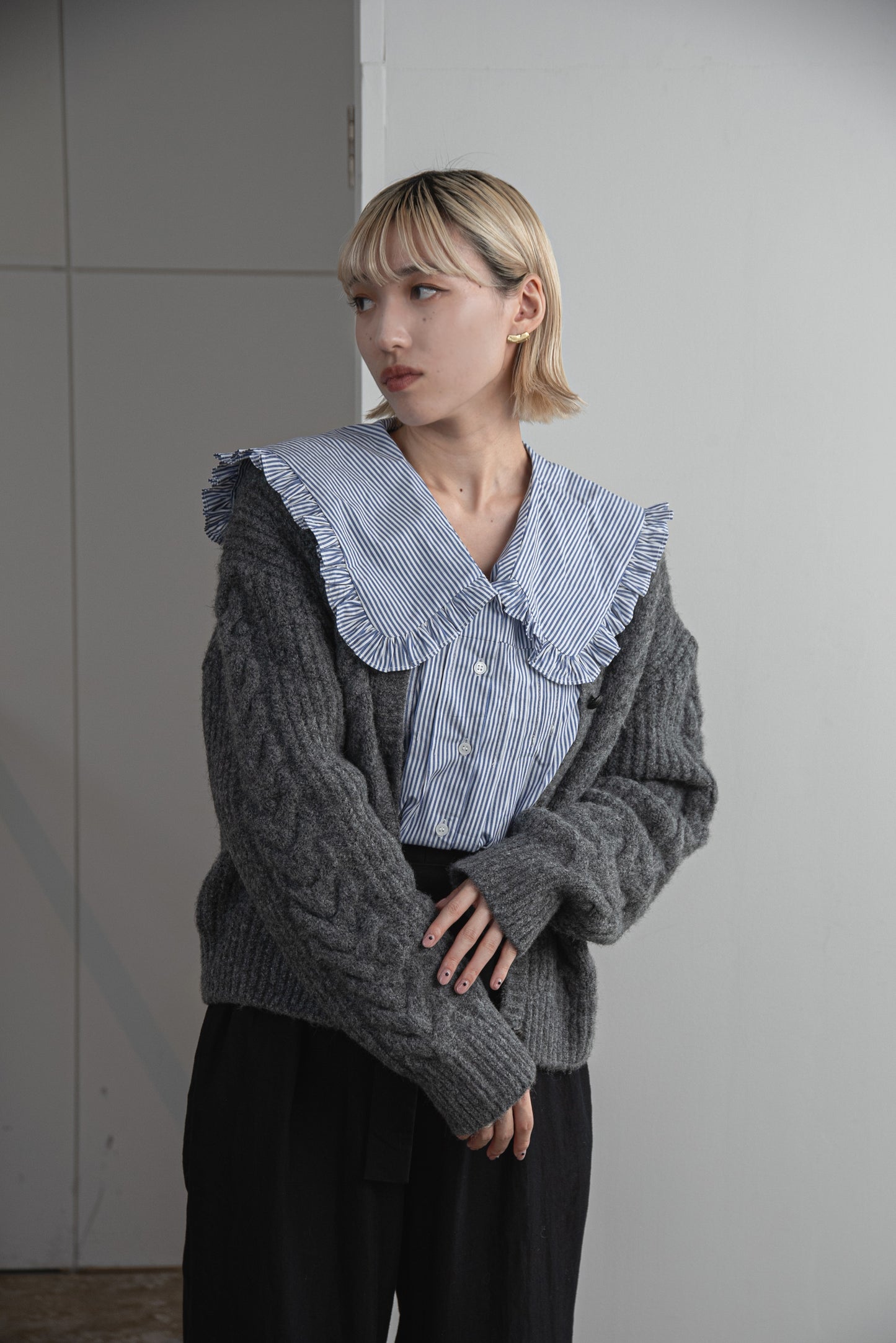 crew neck cable knit cardigan
