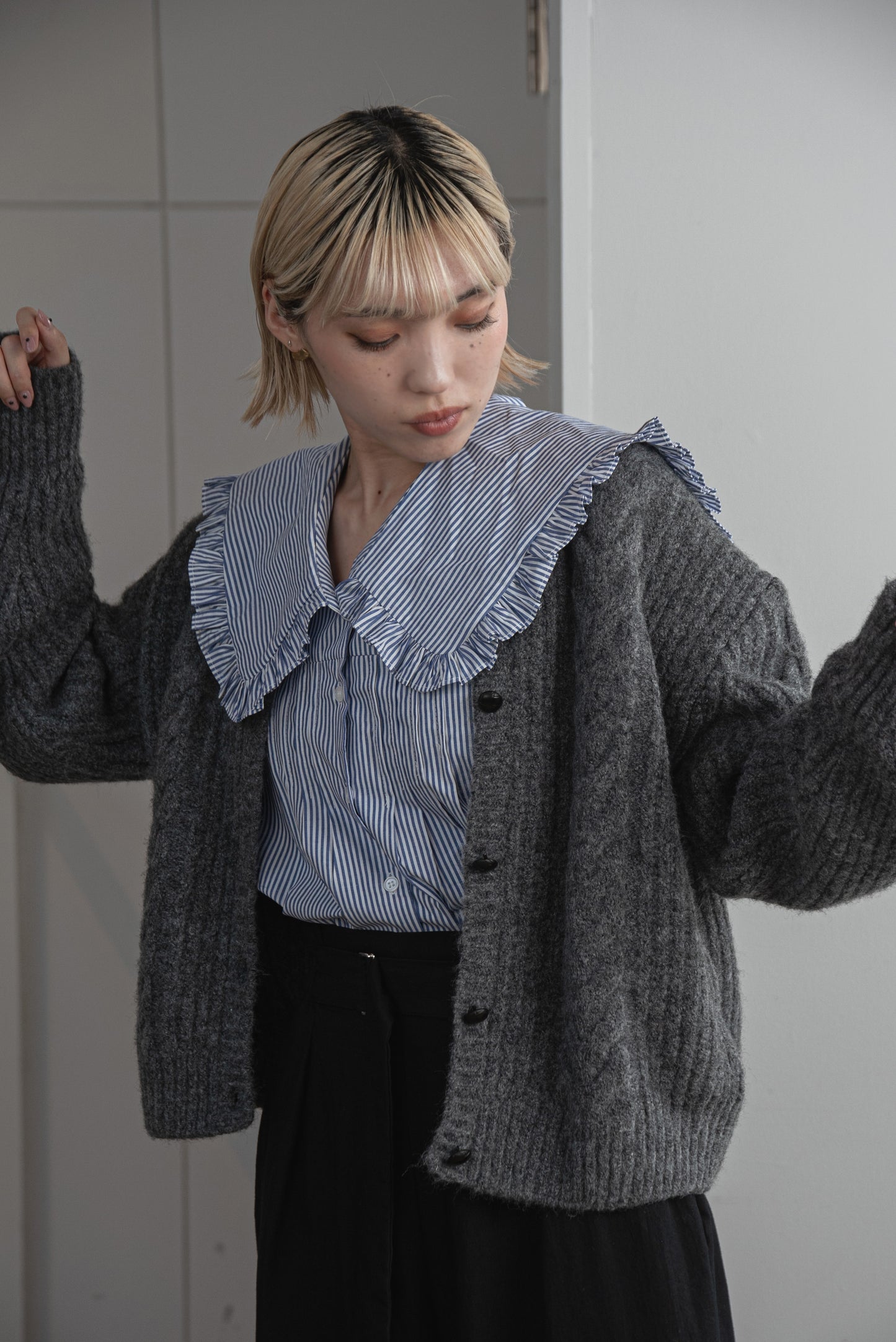 crew neck cable knit cardigan