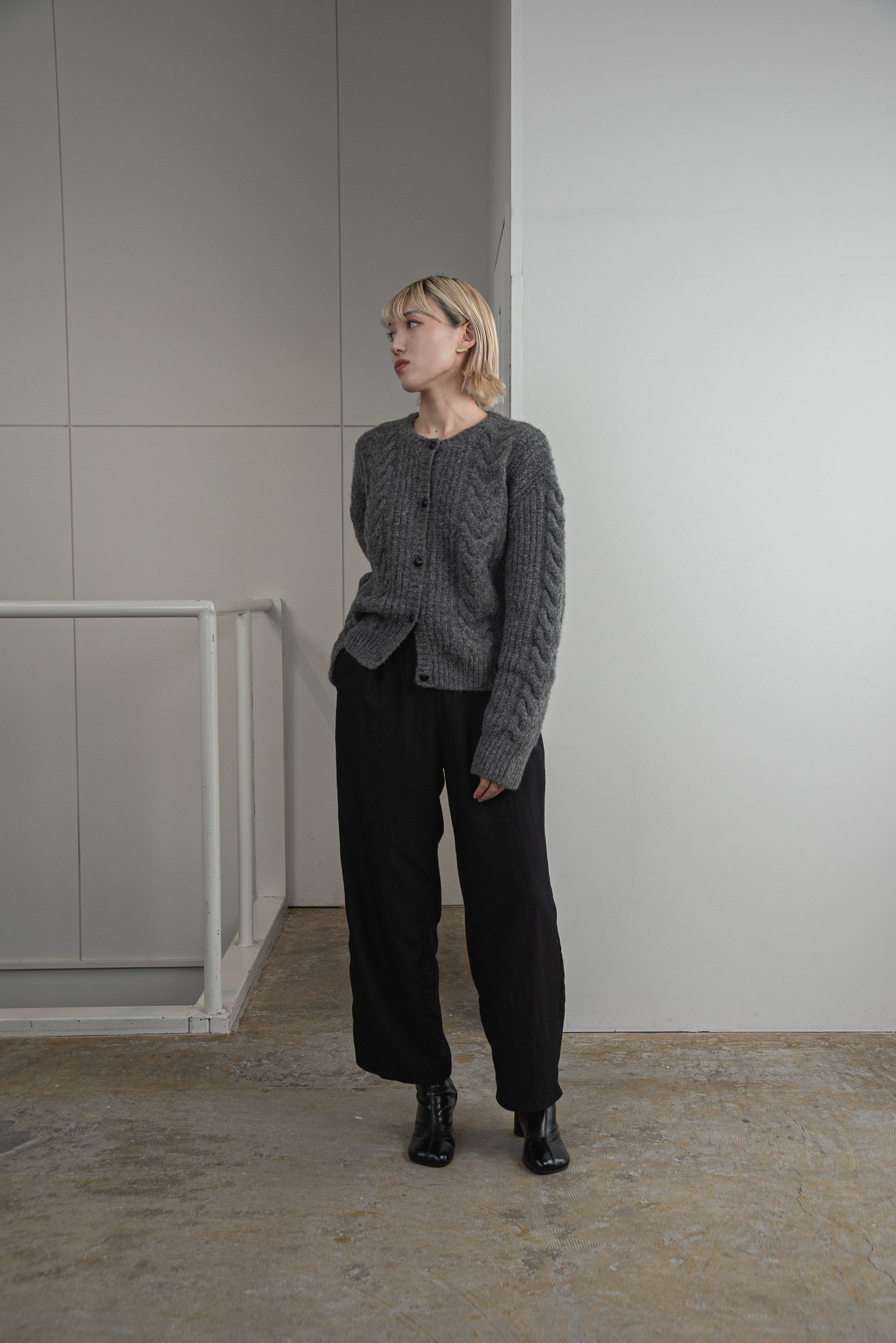 crew neck cable knit cardigan