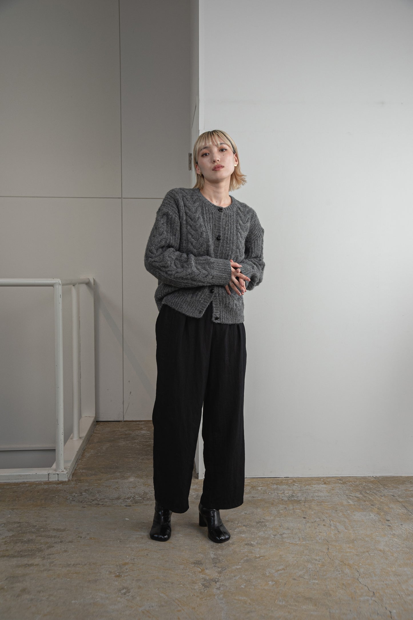 crew neck cable knit cardigan