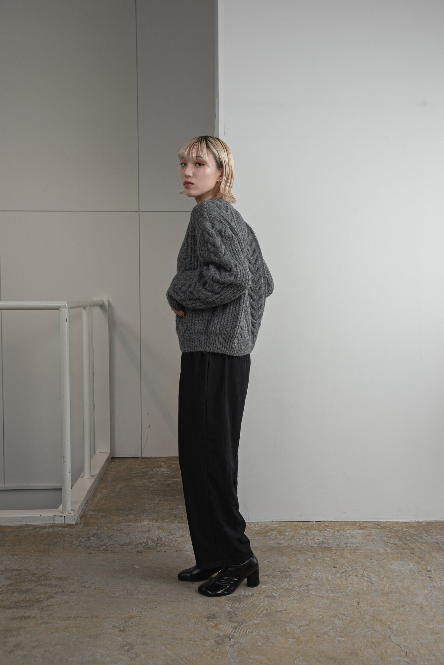 crew neck cable knit cardigan