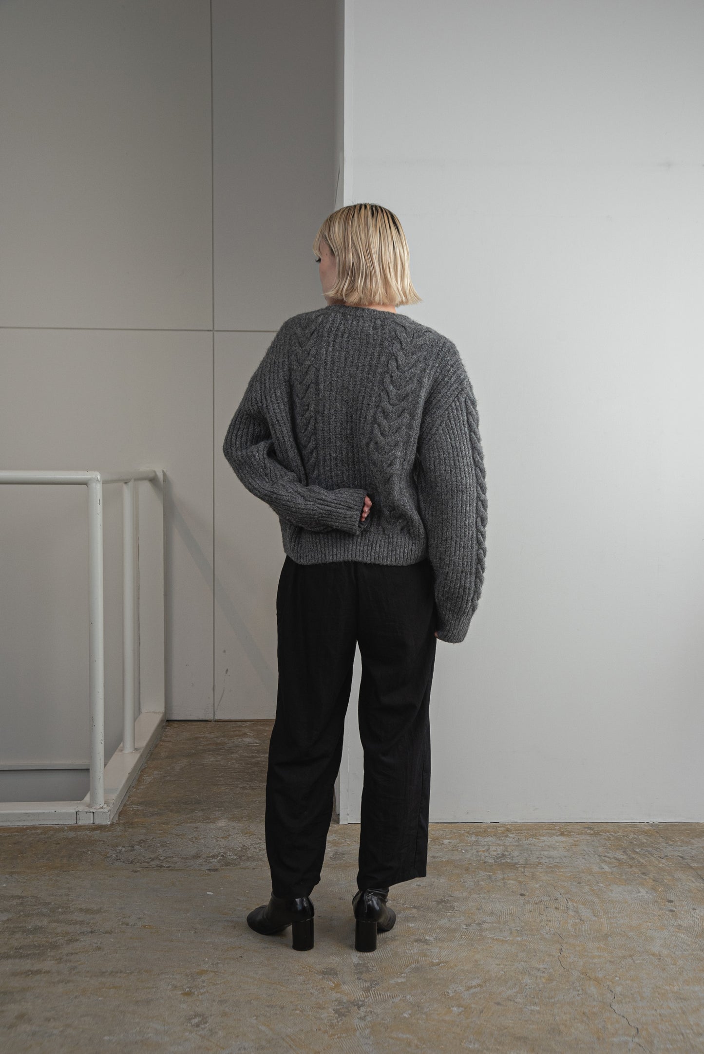 crew neck cable knit cardigan