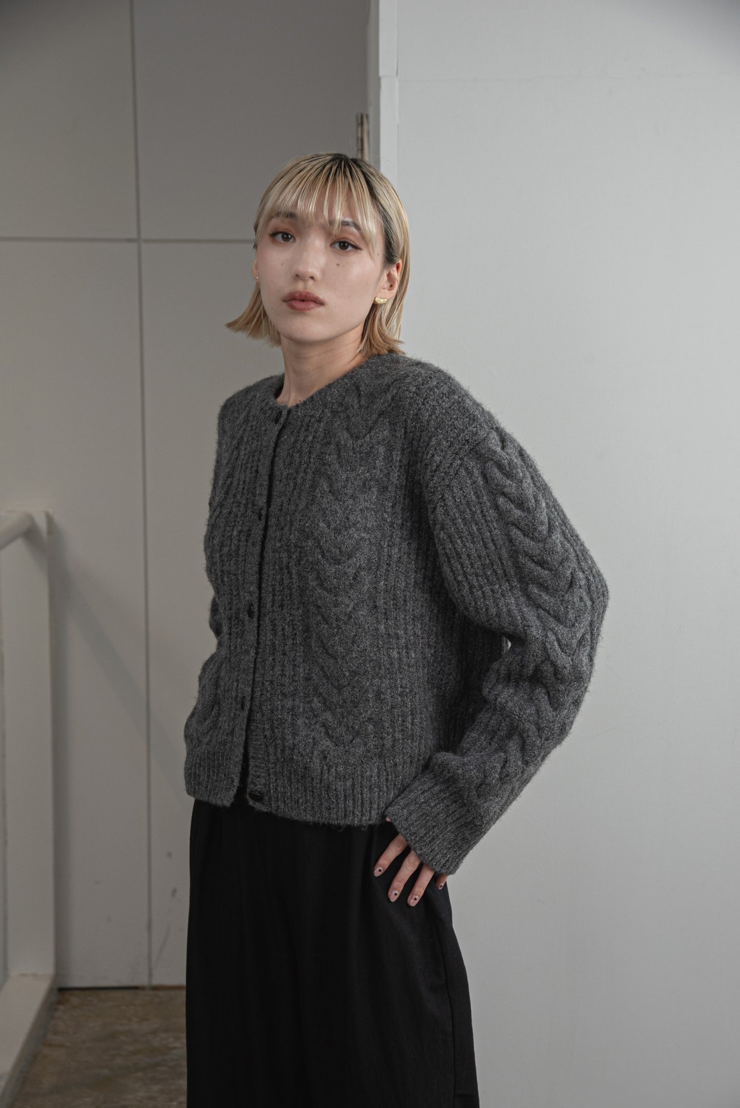 crew neck cable knit cardigan