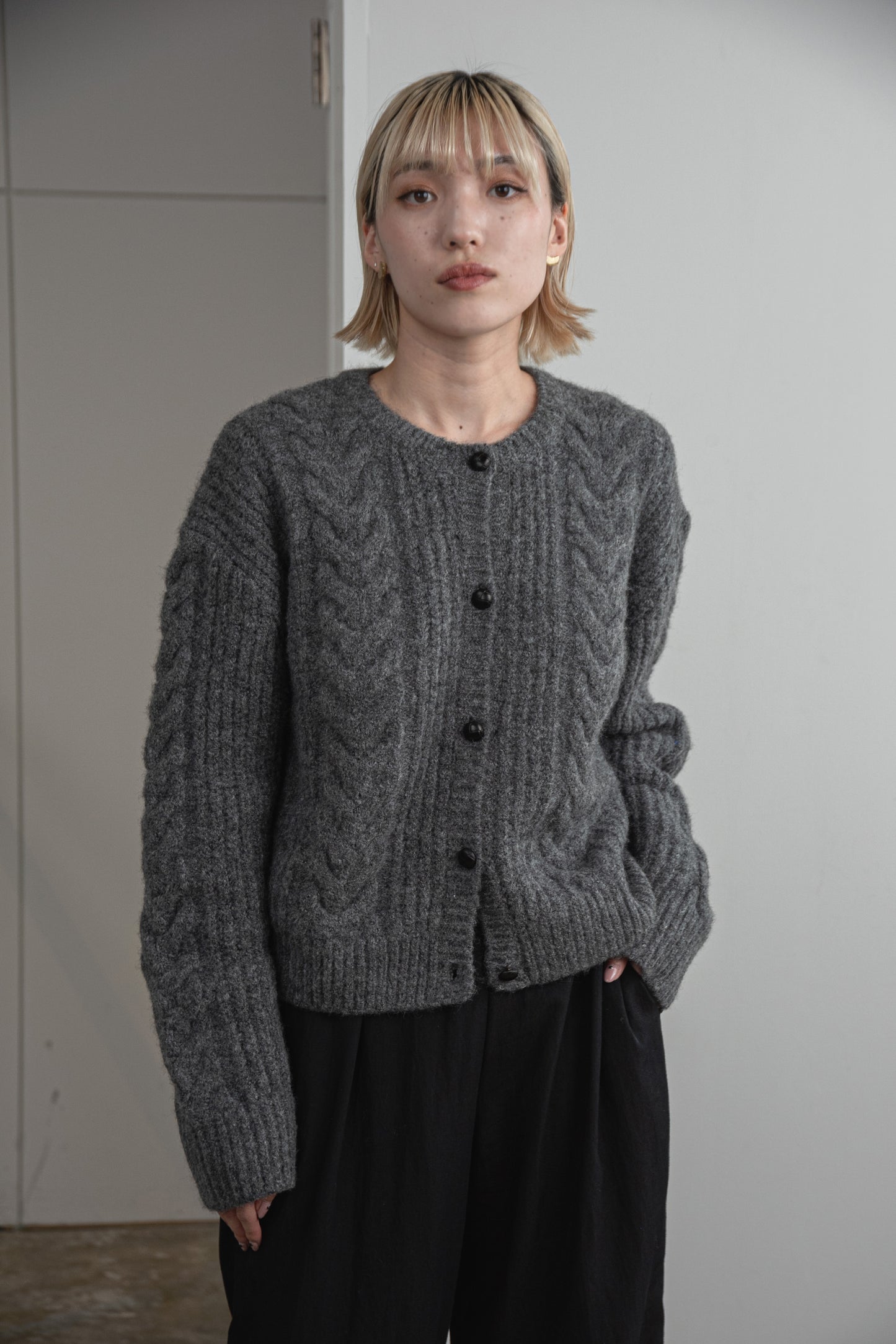 crew neck cable knit cardigan