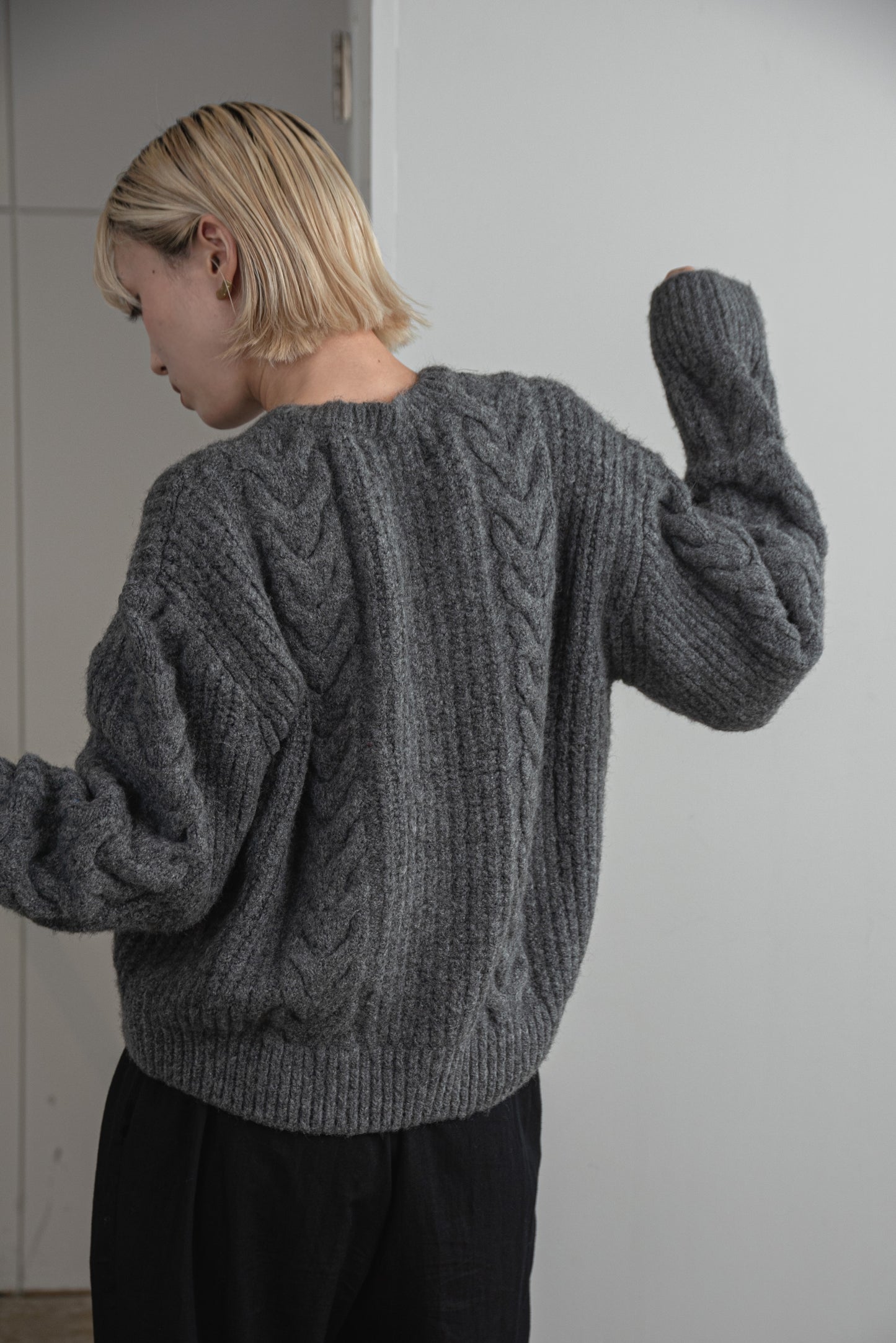 crew neck cable knit cardigan