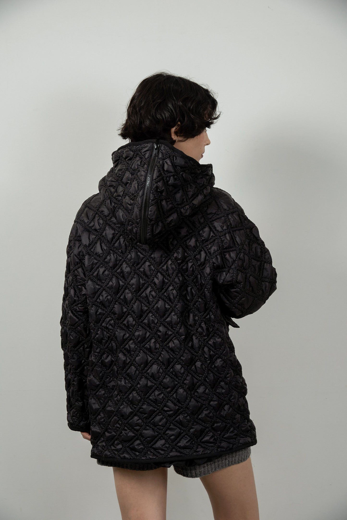 hooded quilted stitch point coat