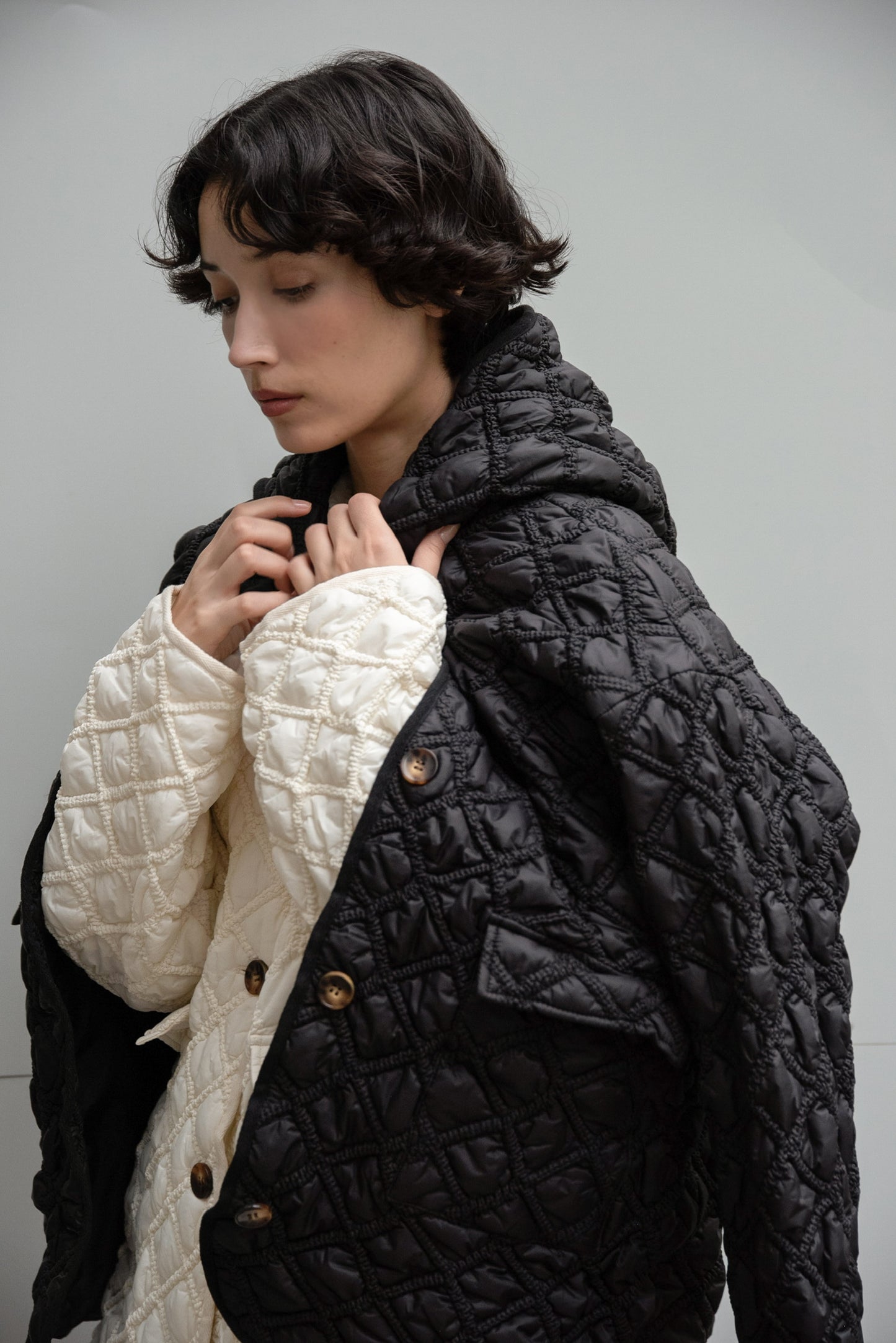hooded quilted stitch point coat