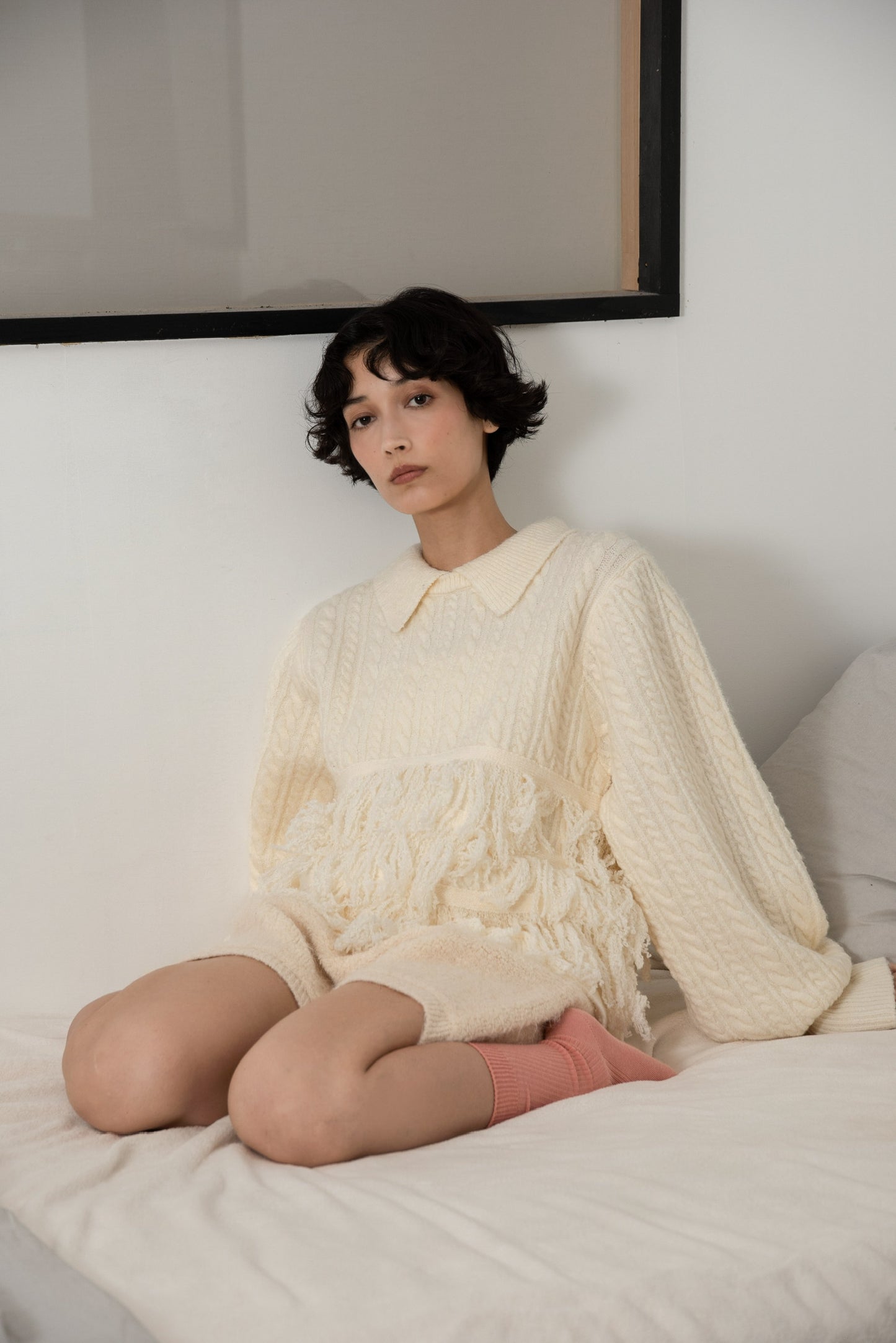 fringe collar cable knit