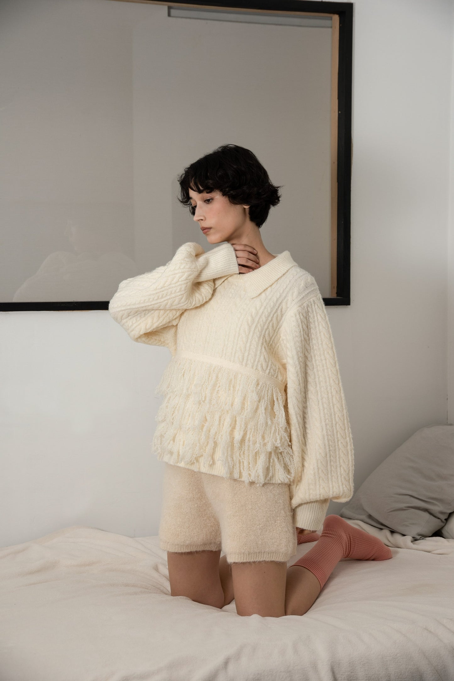 fringe collar cable knit