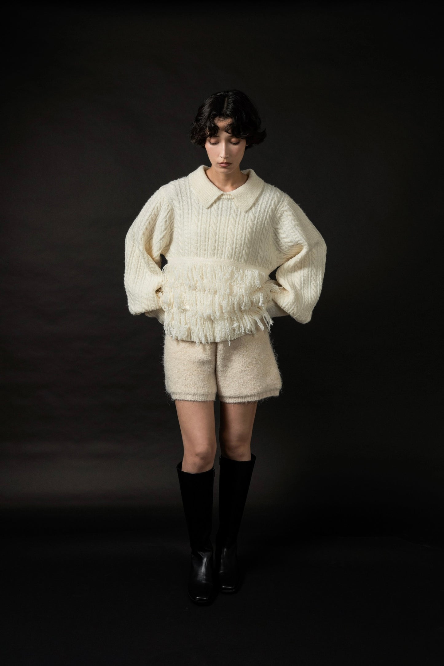 fringe collar cable knit