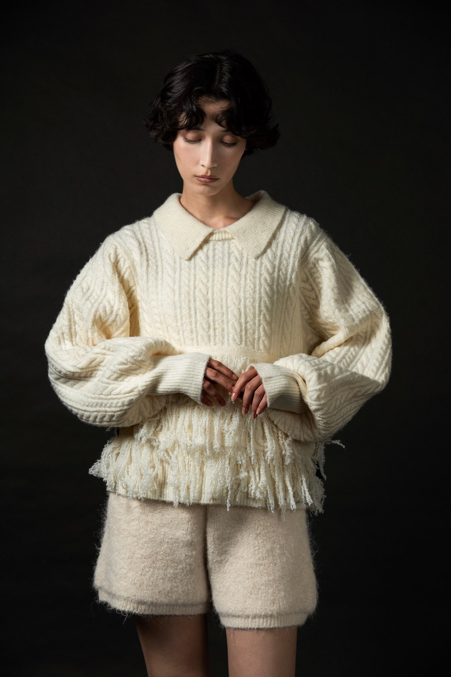 fringe collar cable knit