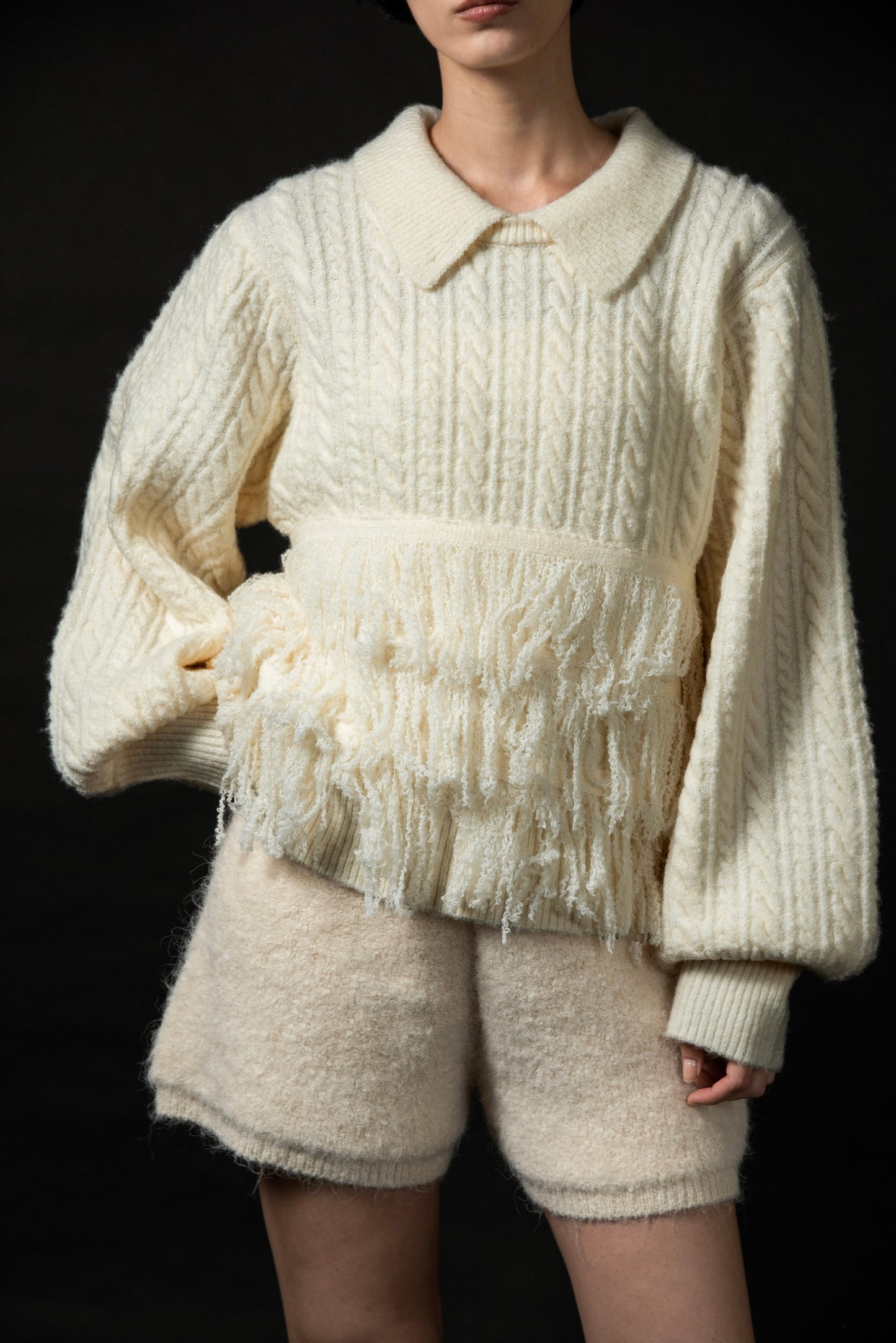 fringe collar cable knit