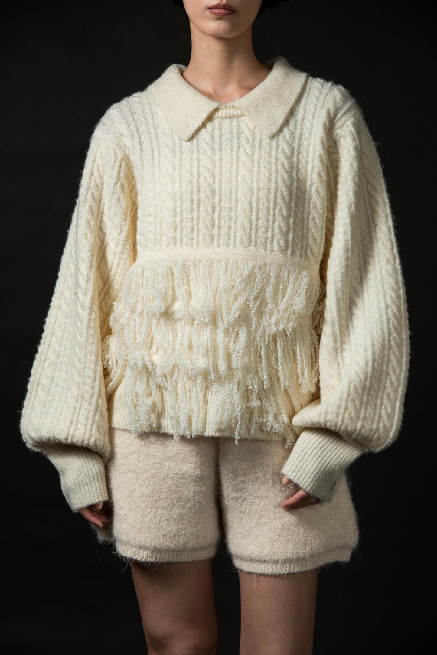 fringe collar cable knit