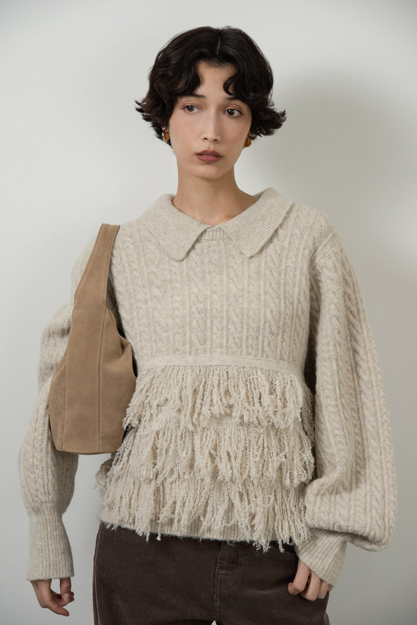 fringe collar cable knit