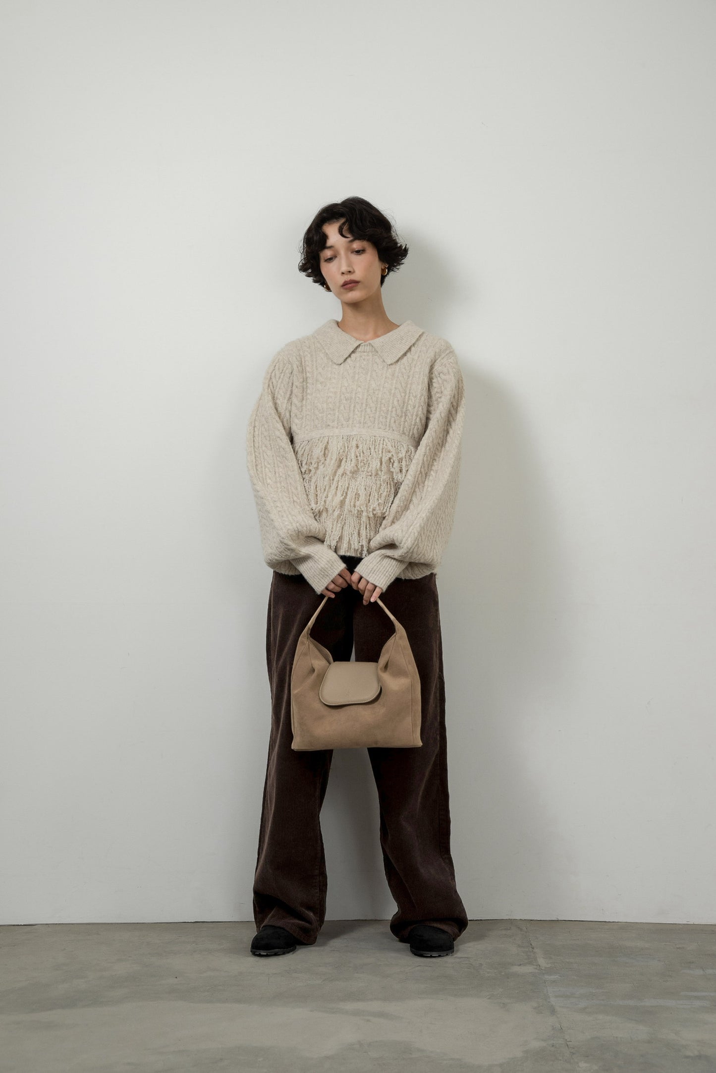 fringe collar cable knit