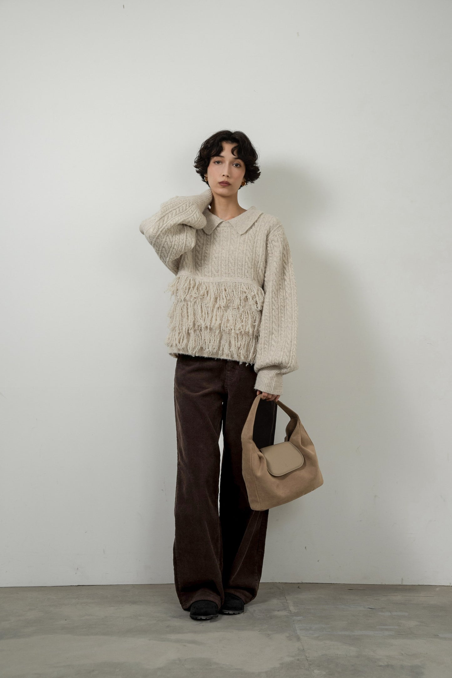 fringe collar cable knit