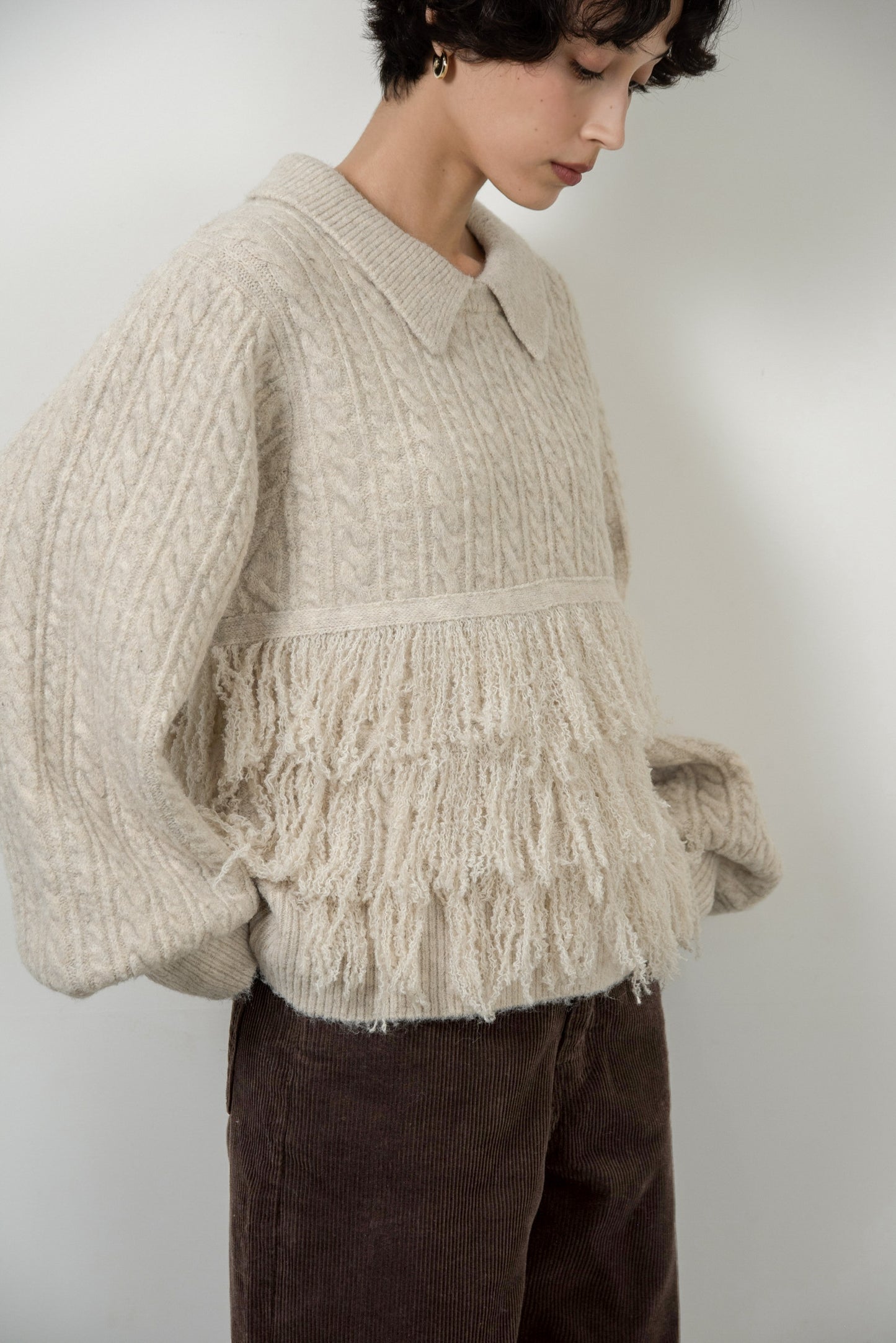 fringe collar cable knit