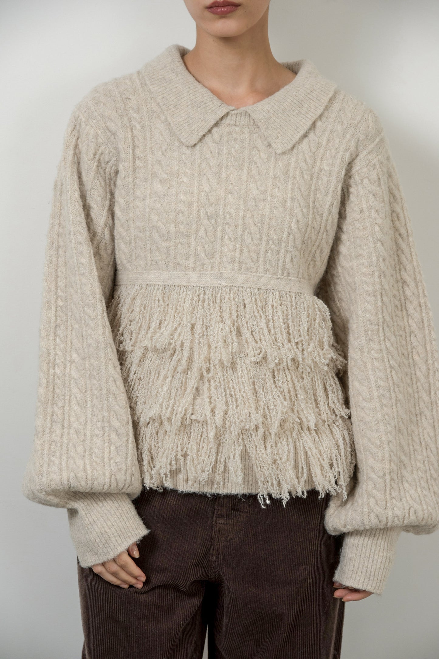 fringe collar cable knit