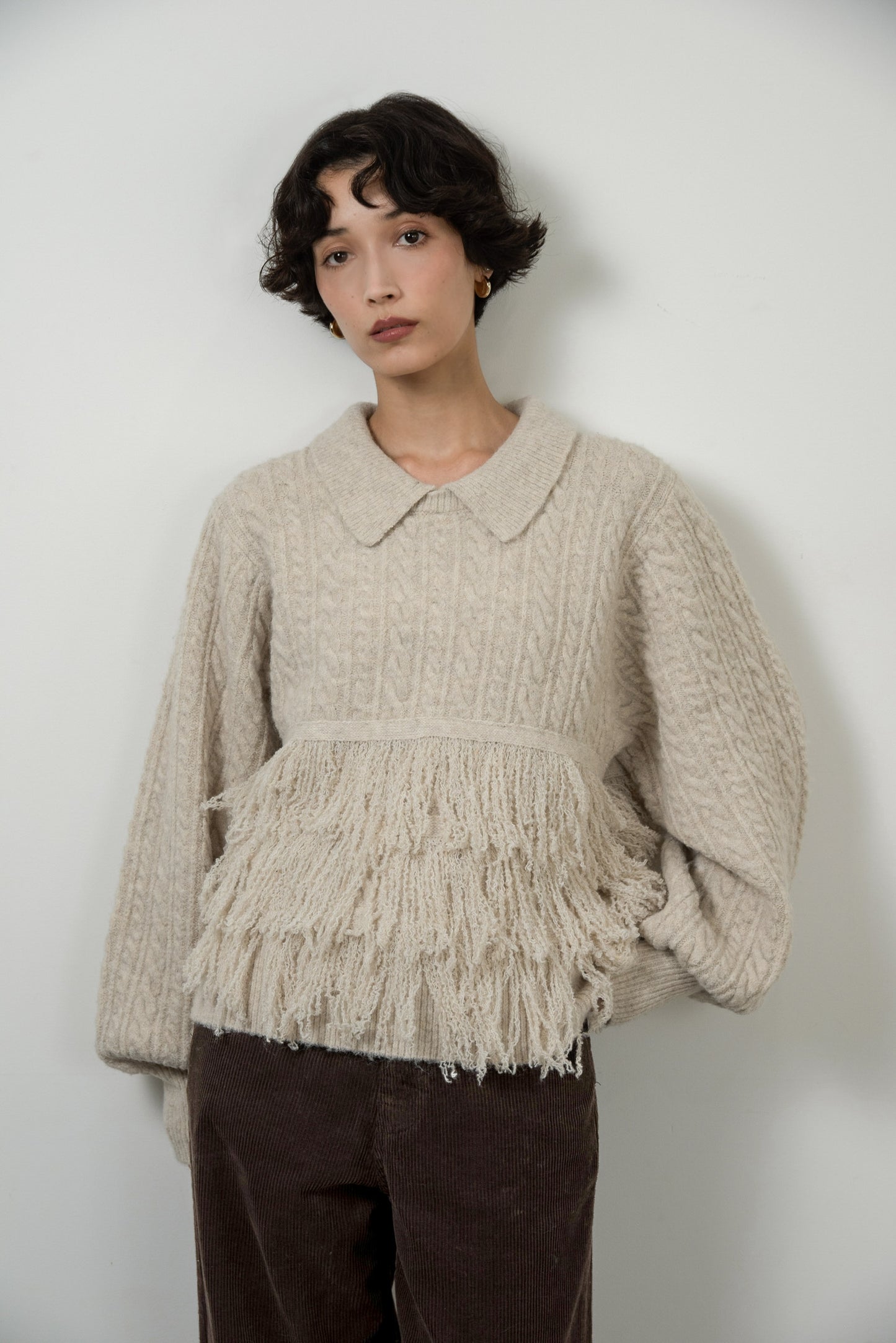 fringe collar cable knit