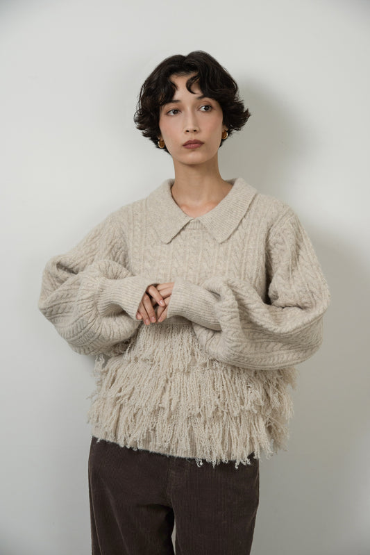 fringe collar cable knit