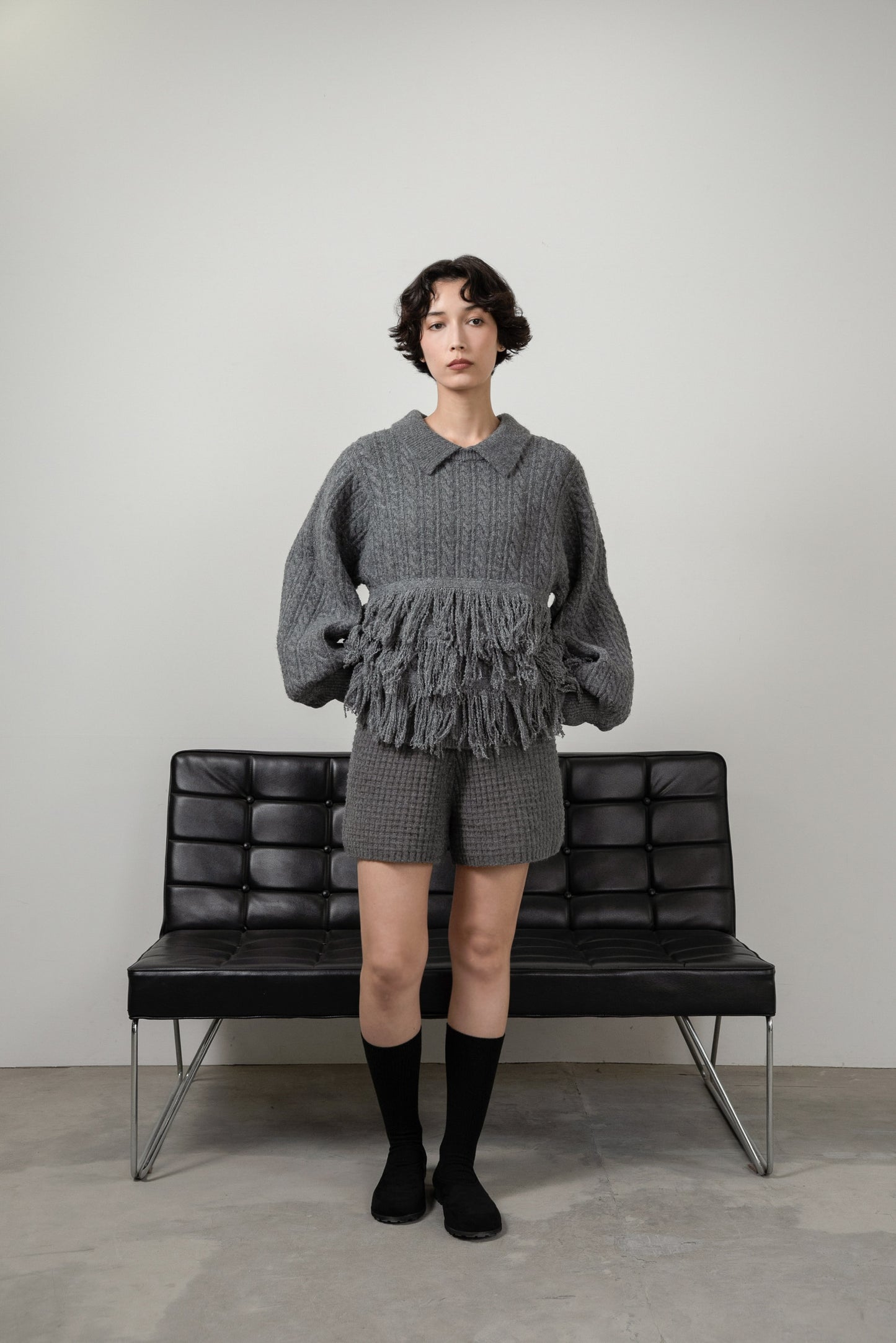 fringe collar cable knit
