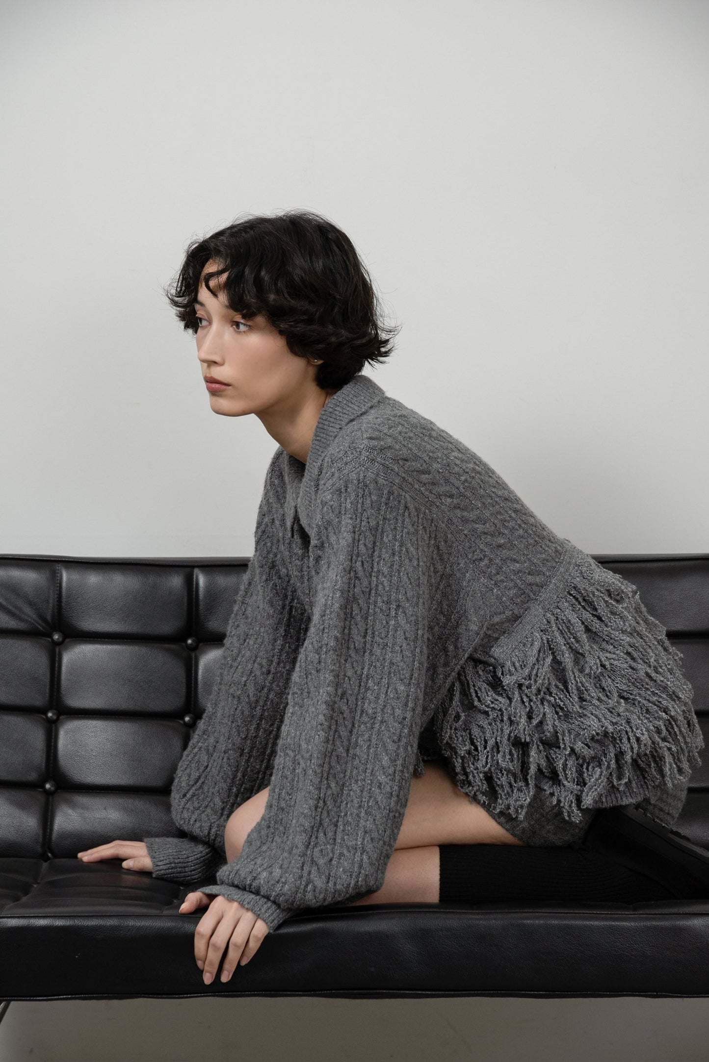 fringe collar cable knit