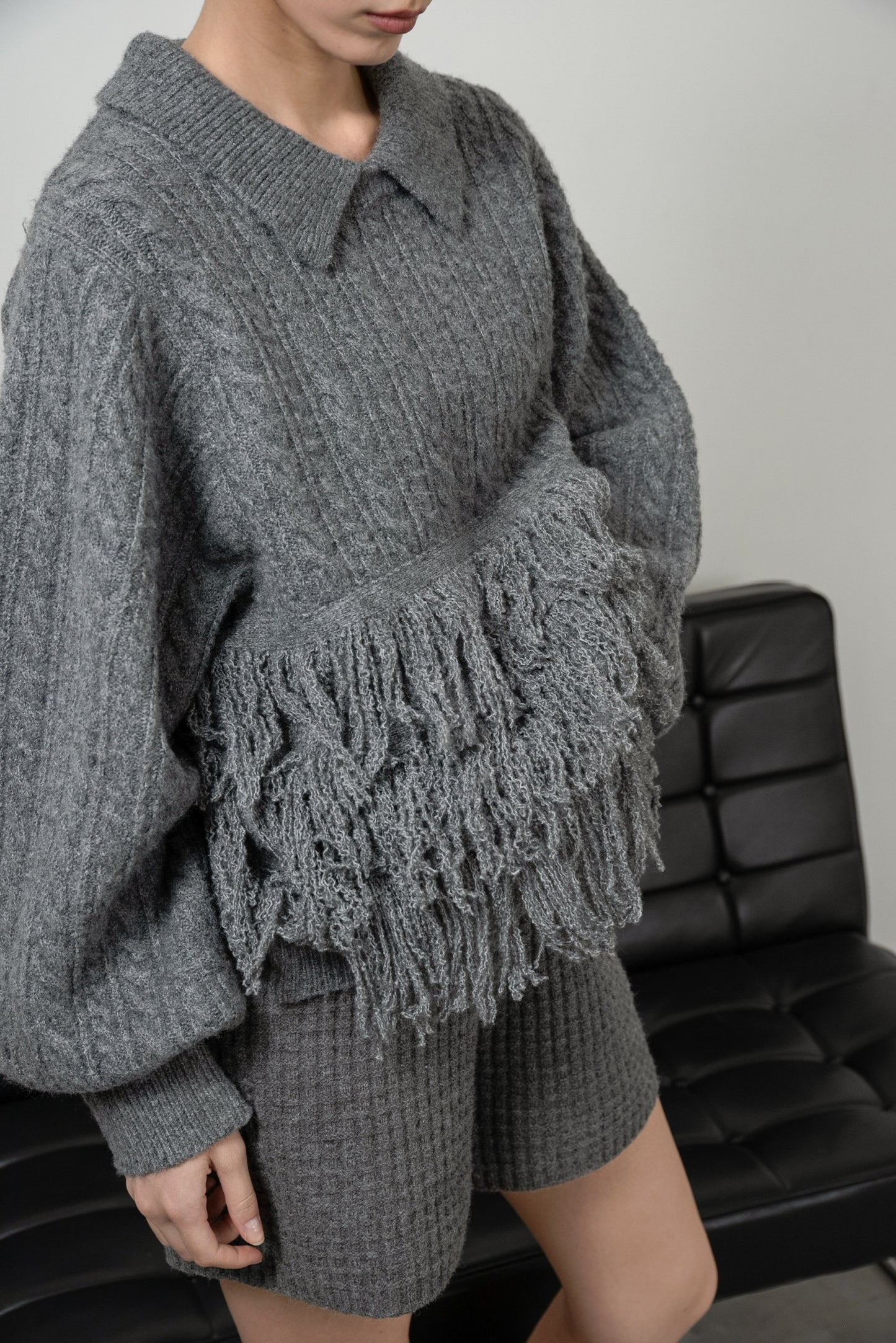 fringe collar cable knit