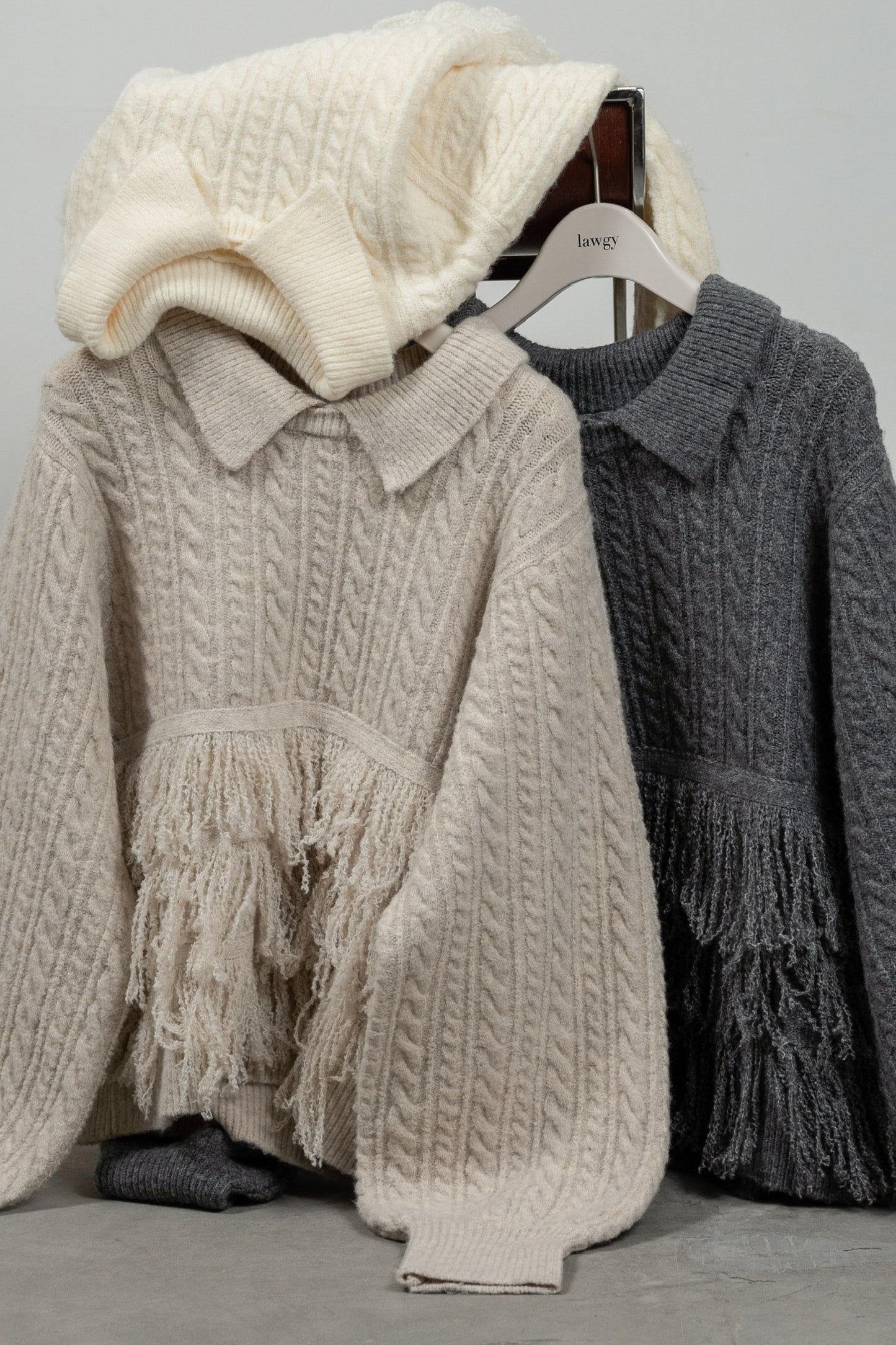 fringe collar cable knit