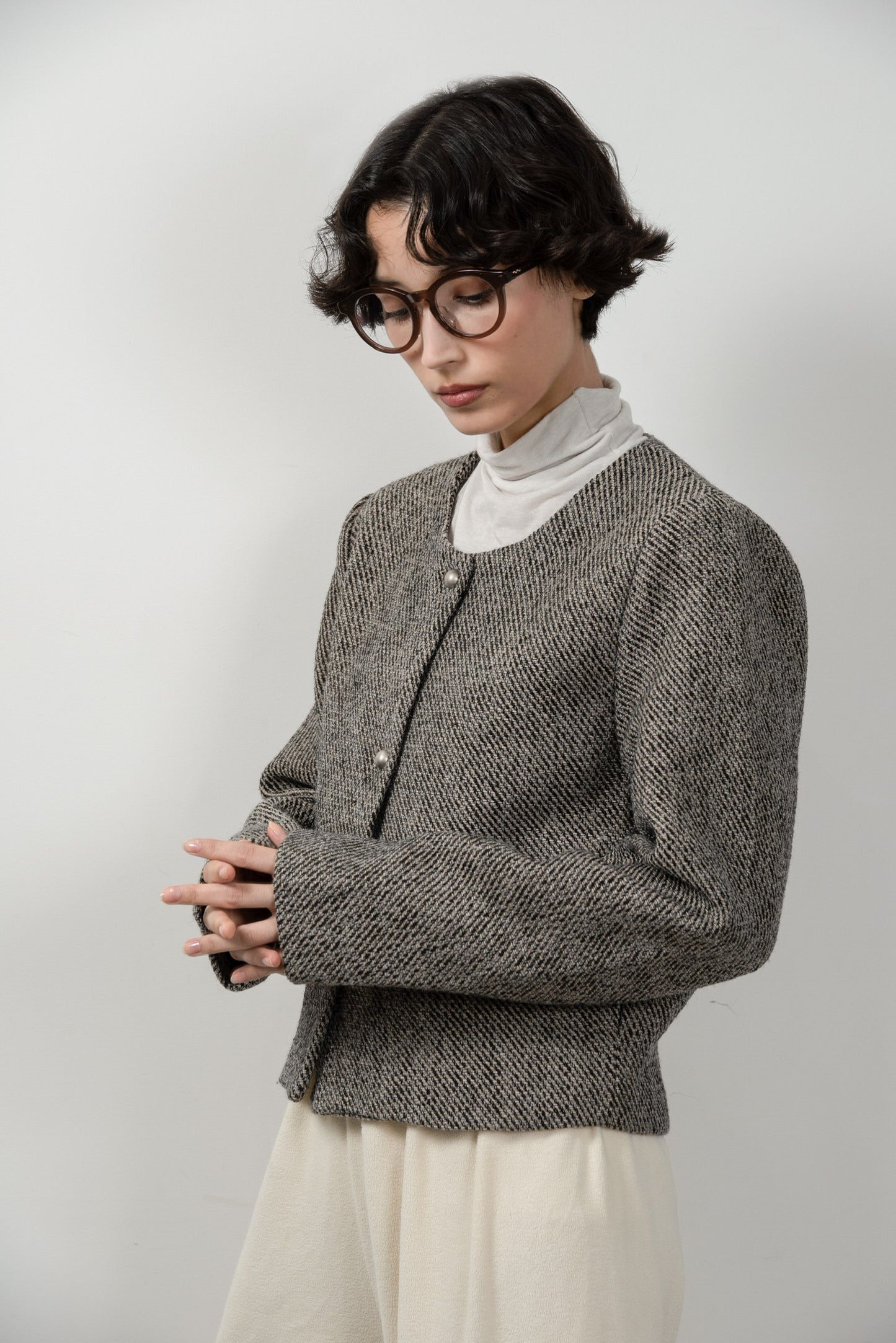 tweed button point nocollar jacket
