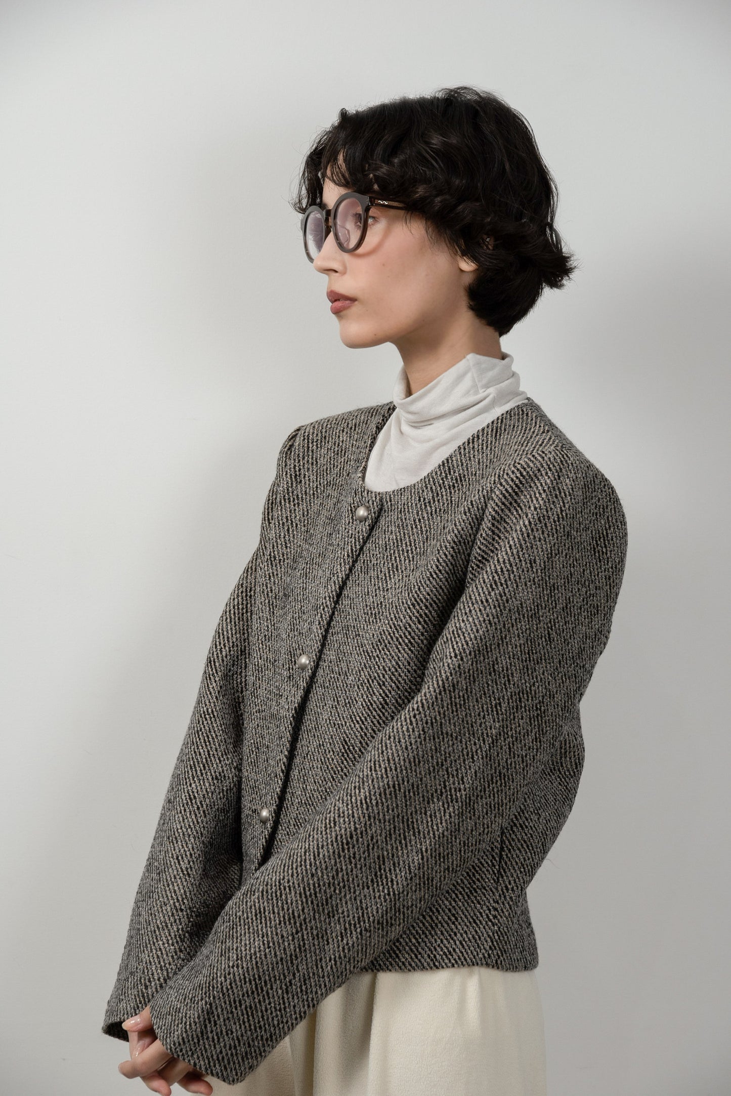 tweed button point nocollar jacket