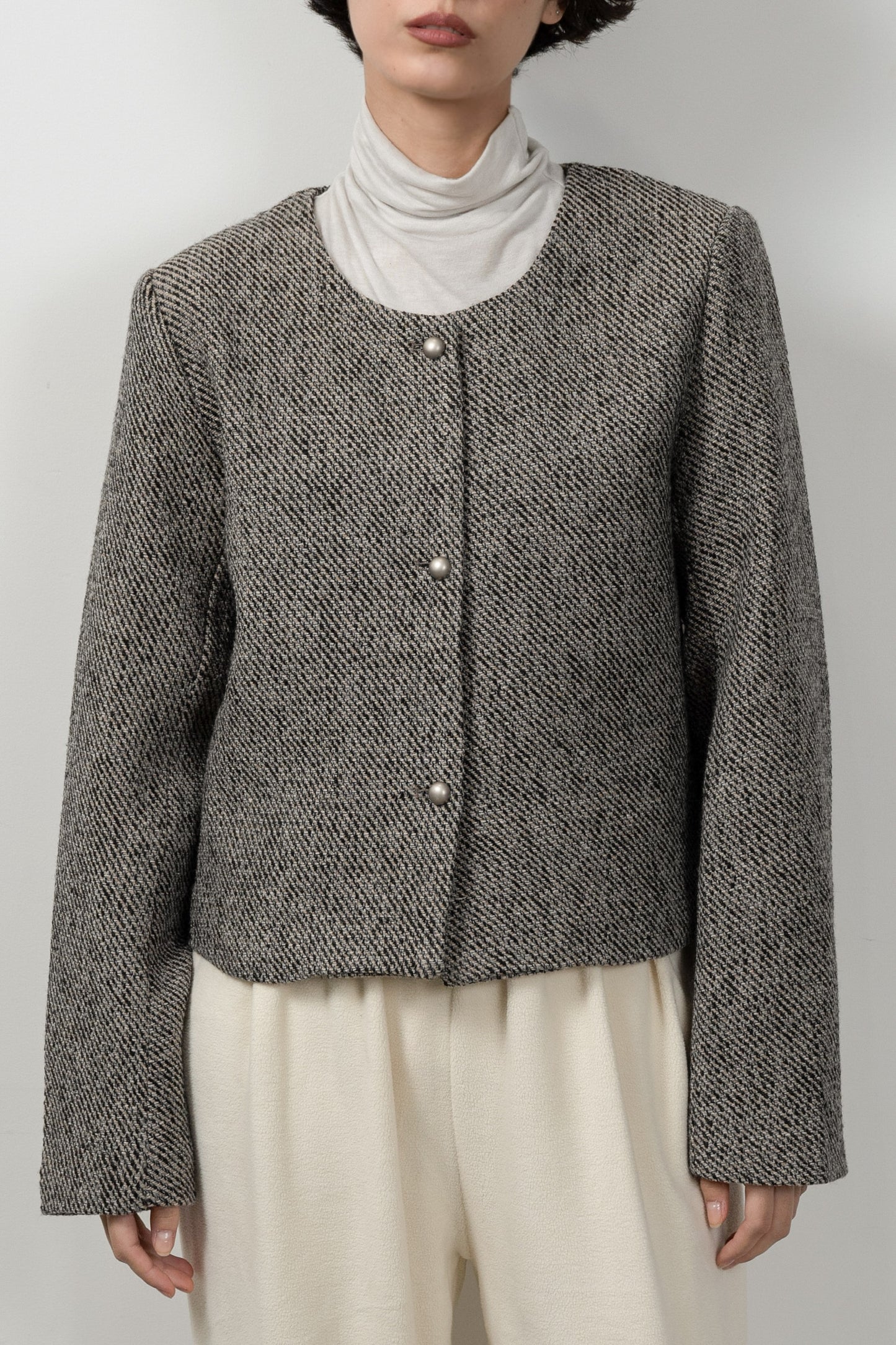 tweed button point nocollar jacket
