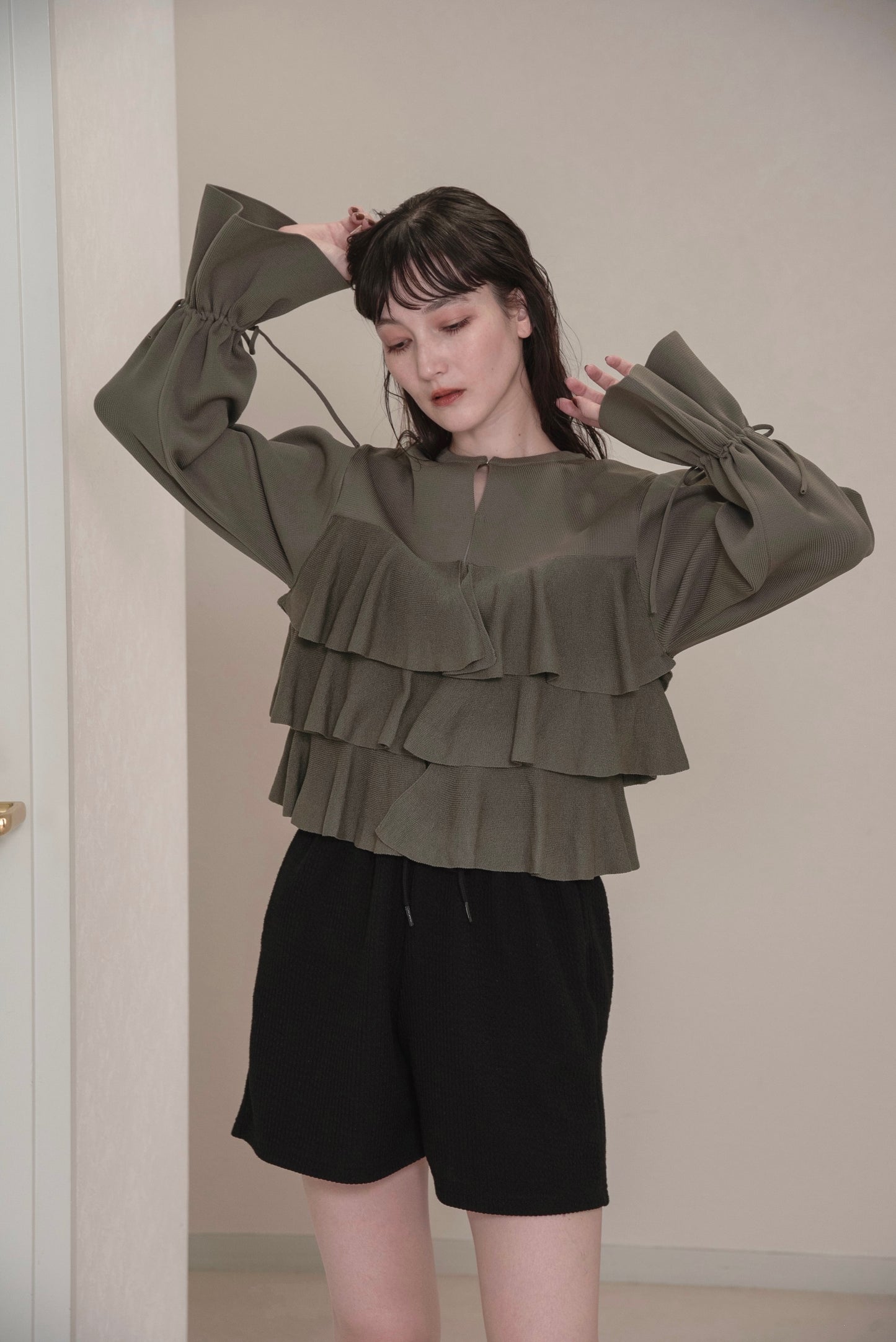 ribbon gather cuffs frill cardigan