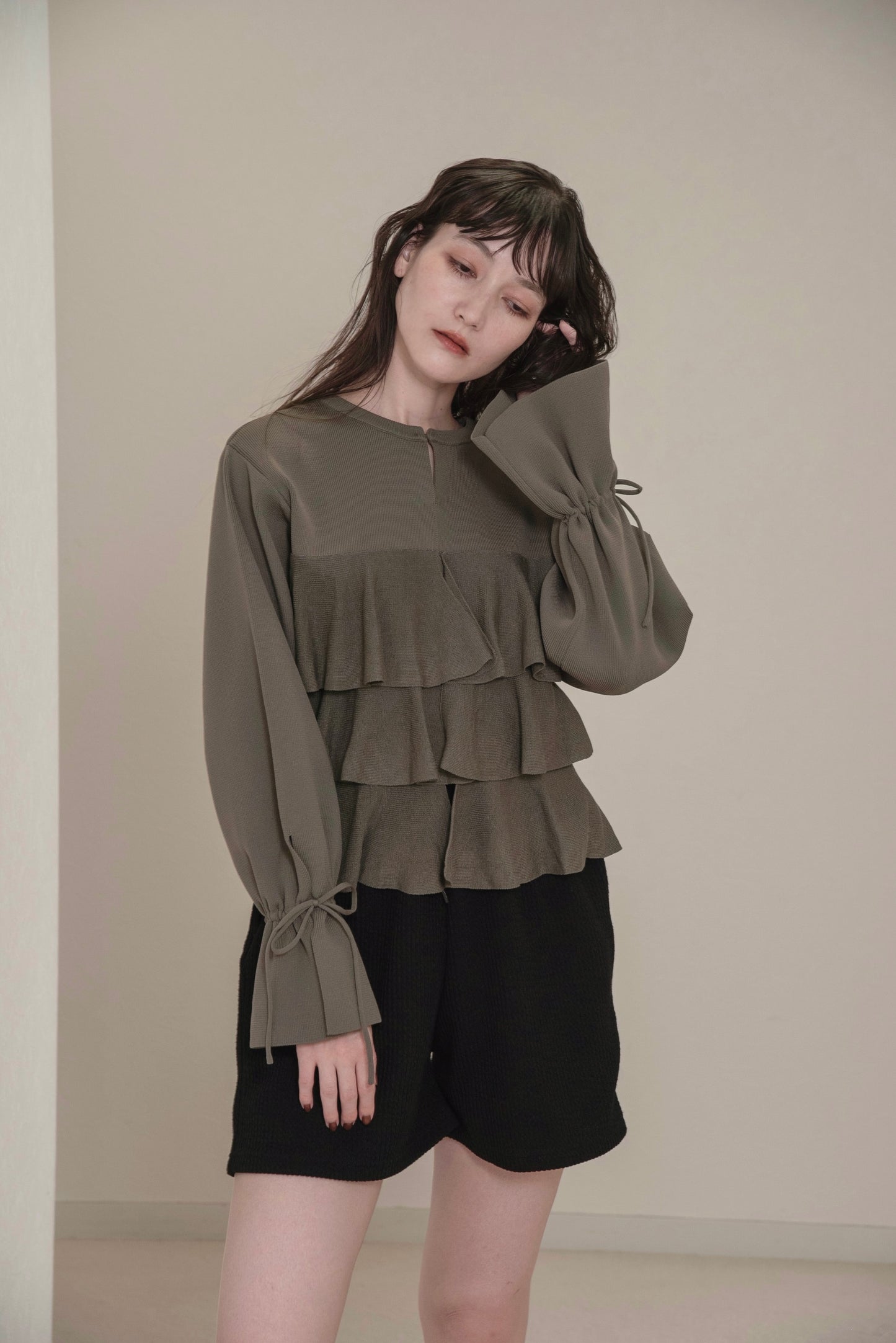 ribbon gather cuffs frill cardigan