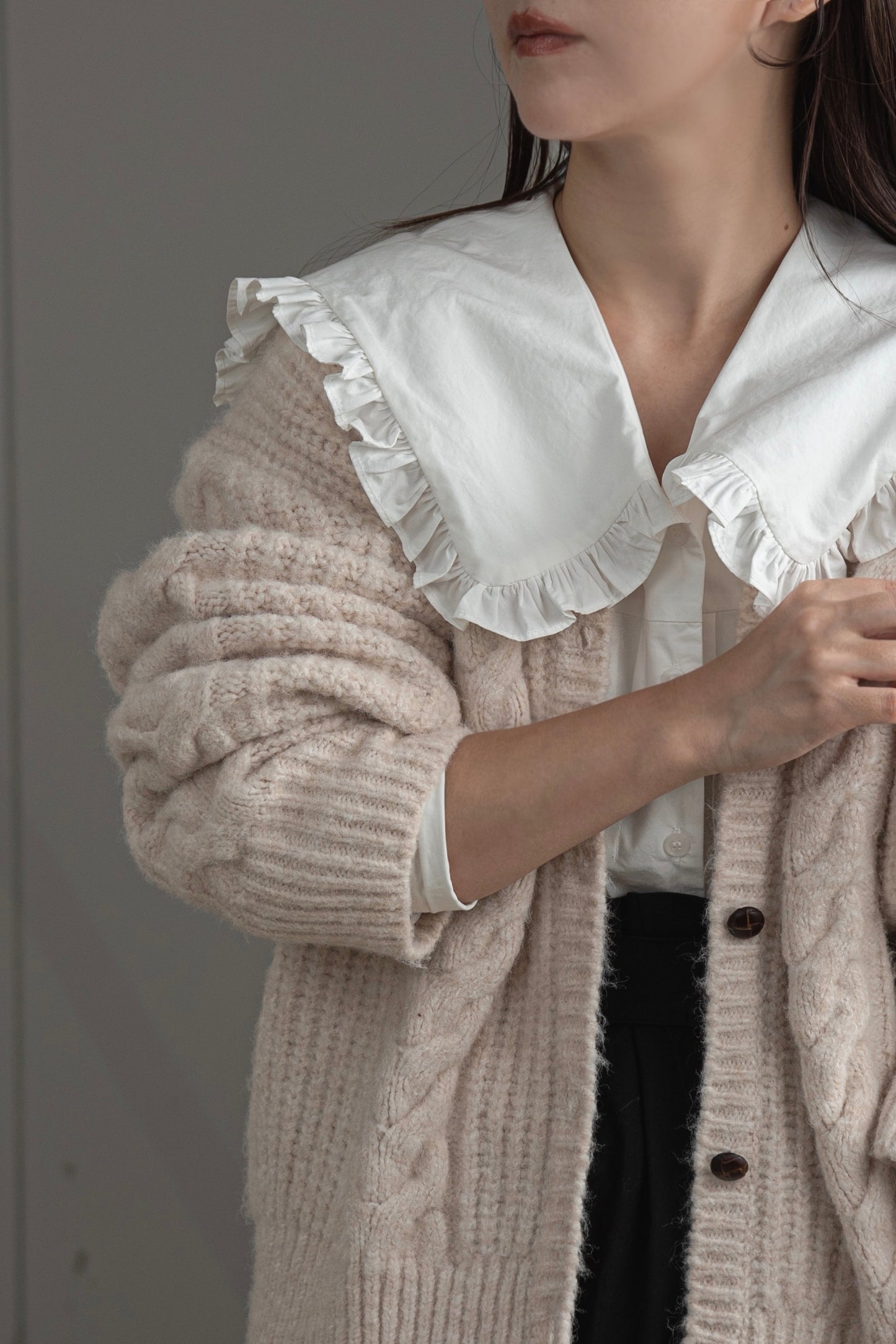 crew neck cable knit cardigan