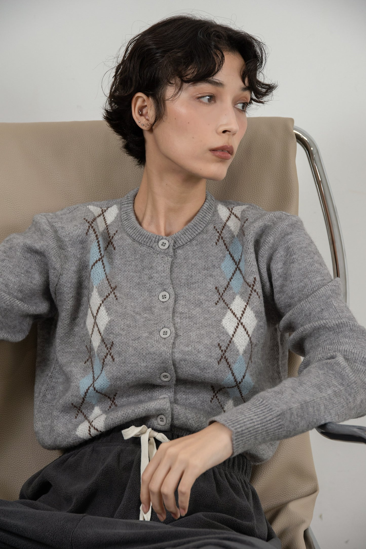 argyle pattern simple cardigan