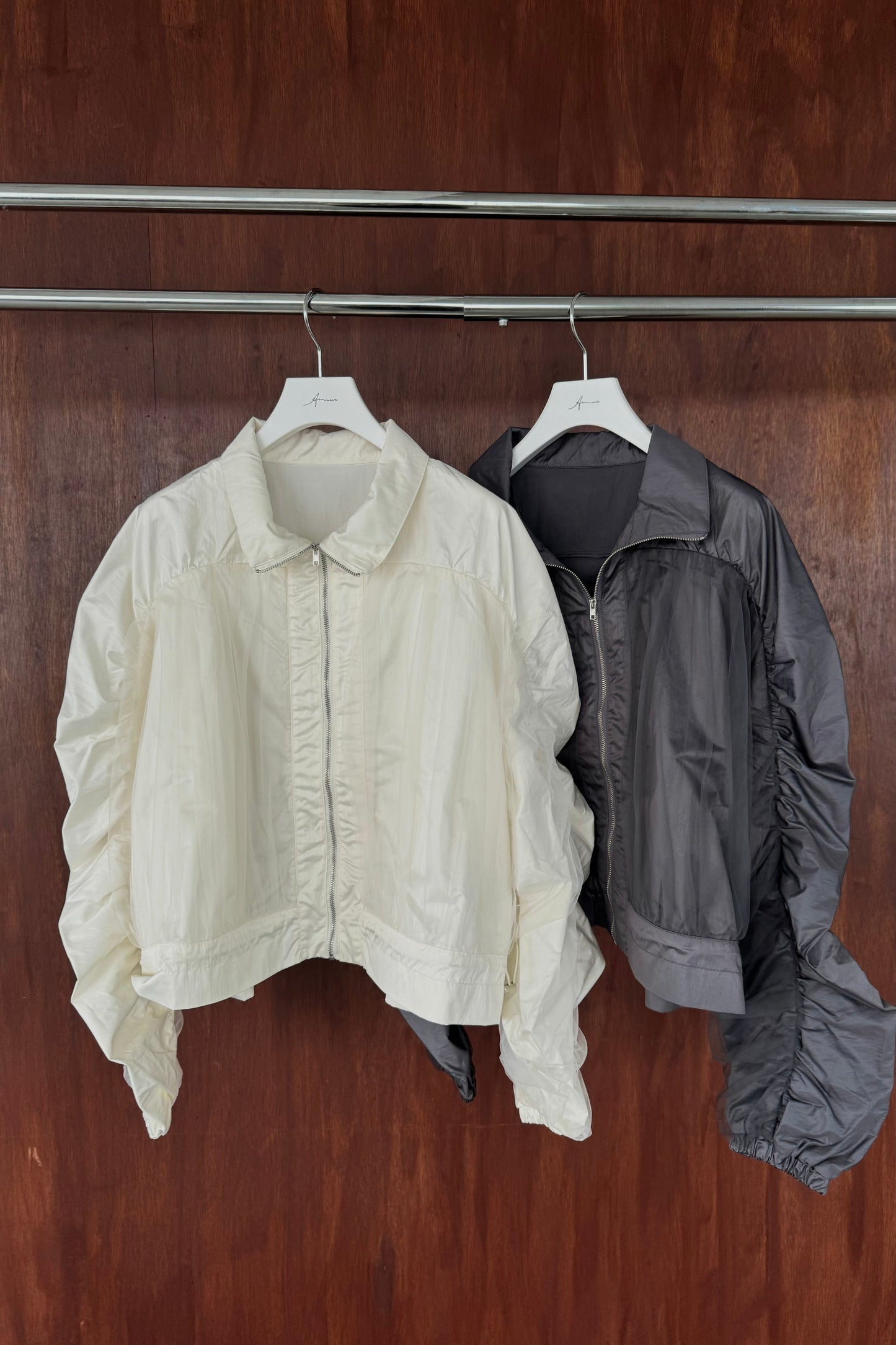 shiny tulle short shirring blouson