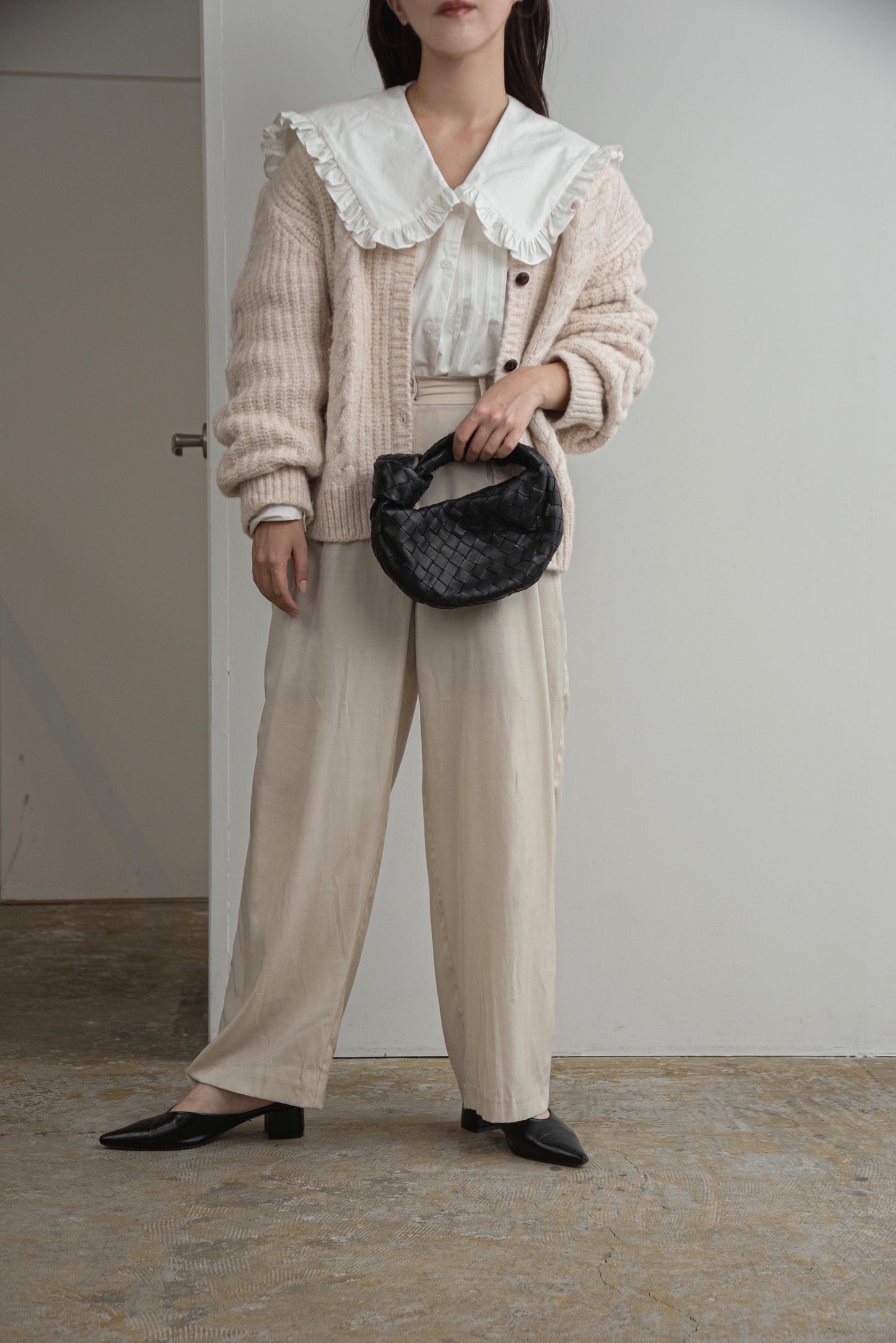 crew neck cable knit cardigan