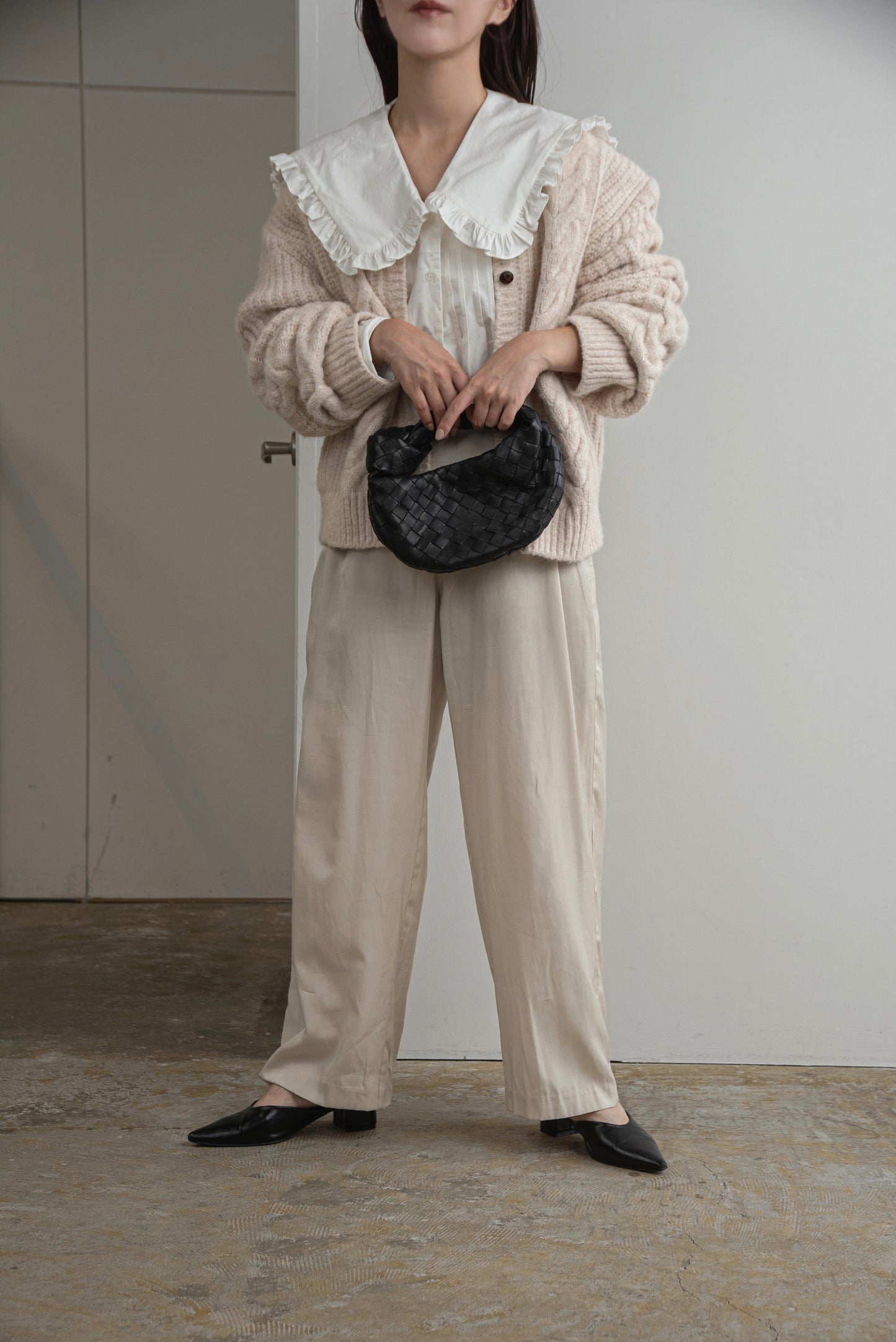 crew neck cable knit cardigan