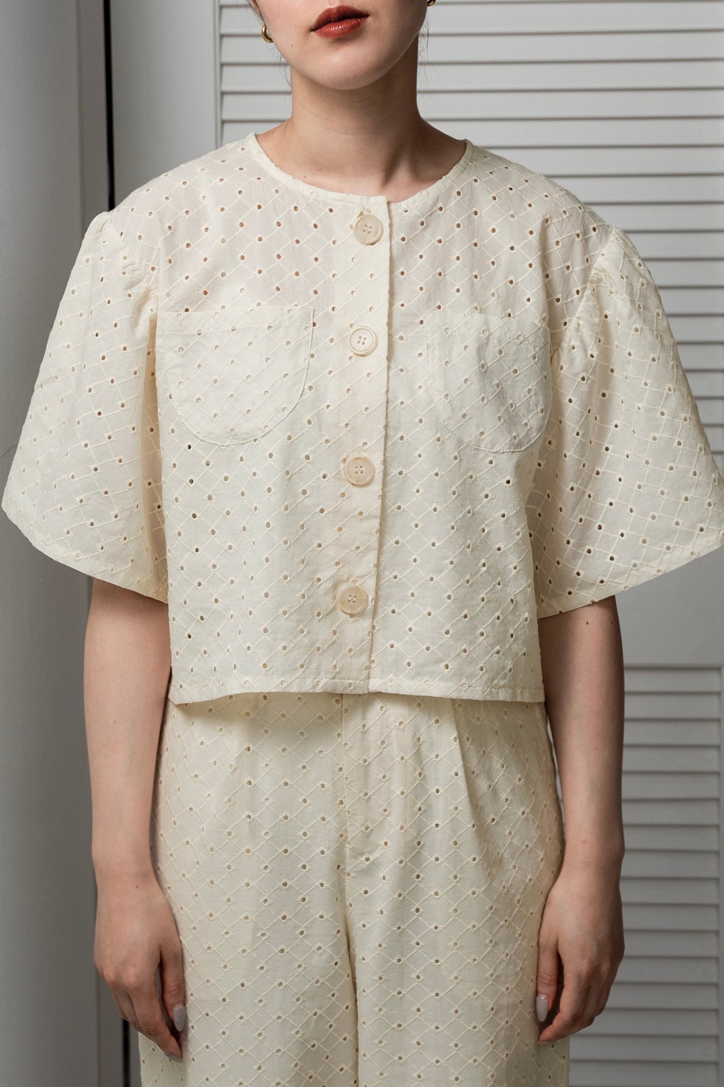 embroidery puff sleeve jacket like tops